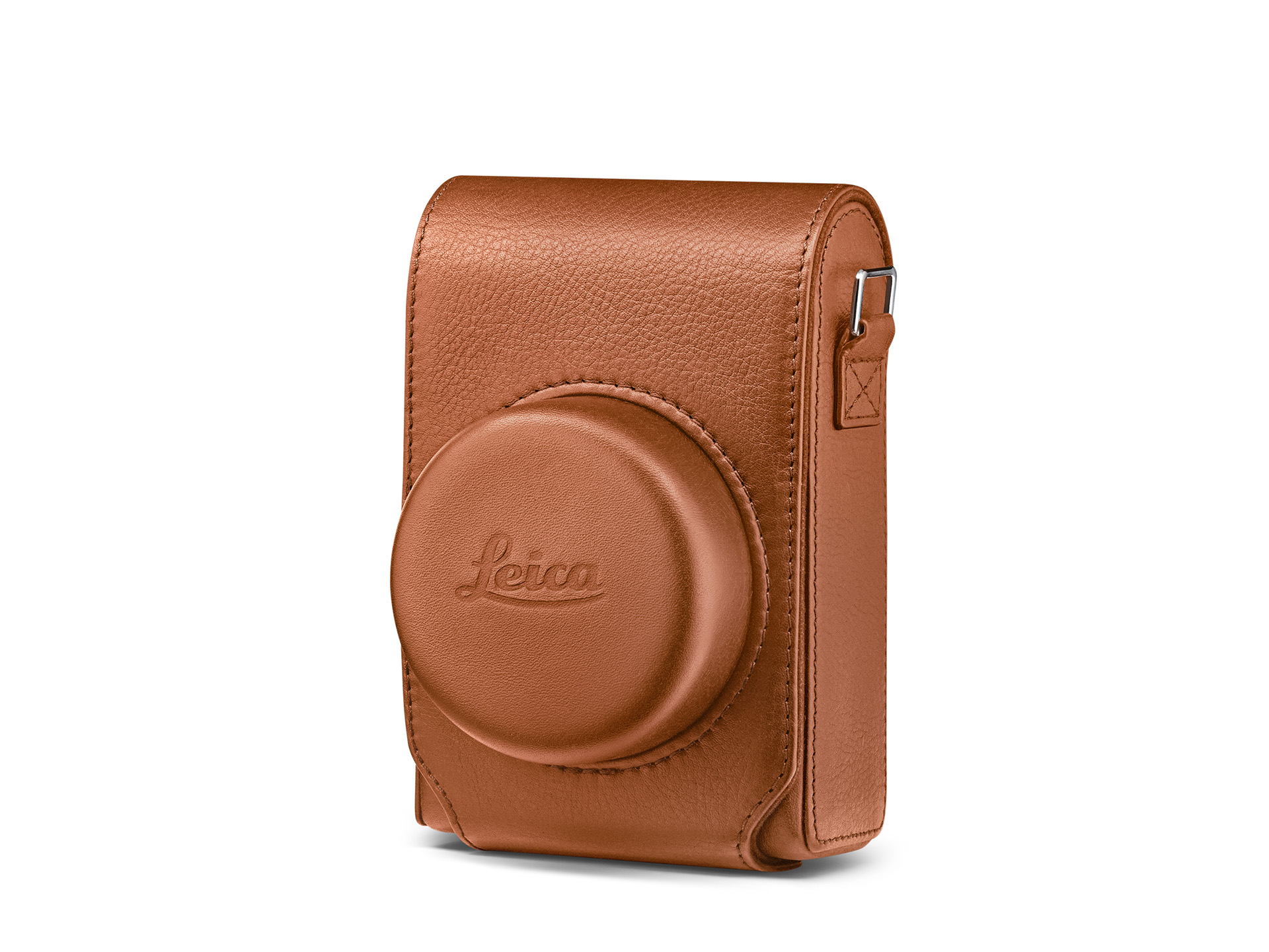 Geschlossenes Schutzcase aus Leder in Cognac für die Leica D-Lux 8 mit geprägtem Leica Logo