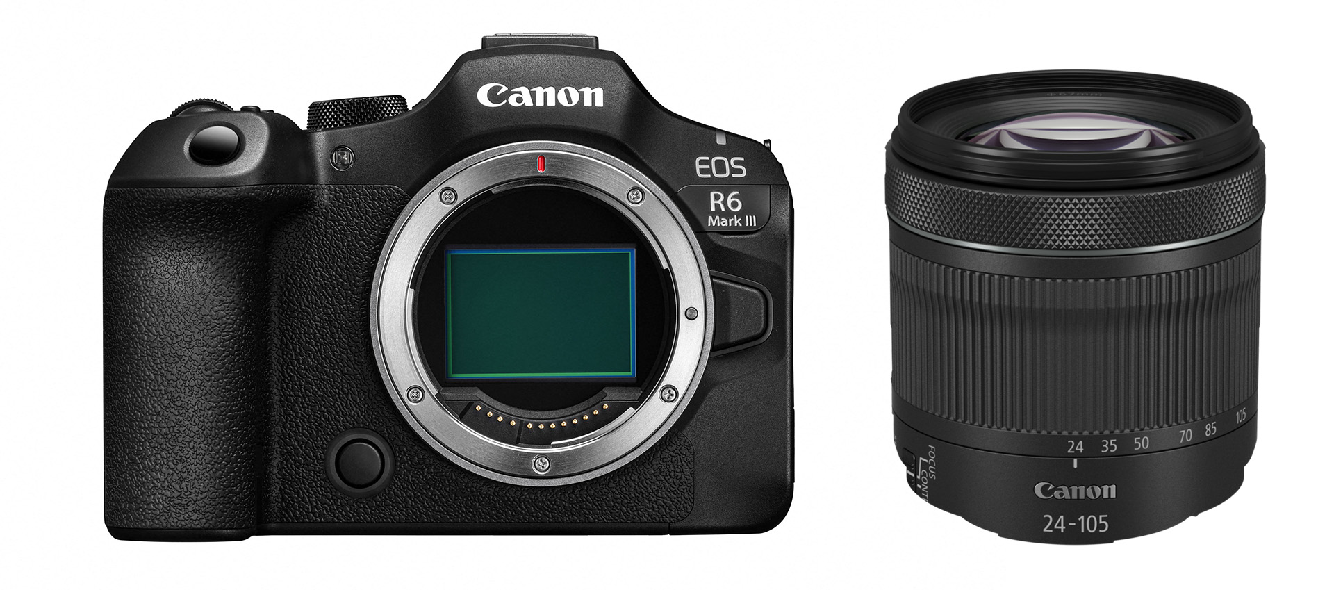 EOS R6 Mark III + RF 24-105mm F4-7.1 IS STM Canon EOS R6 Mark III mit RF 24-105mm Objektiv – Vorderansicht von Kameragehäuse und Zoomobjektiv nebeneinander