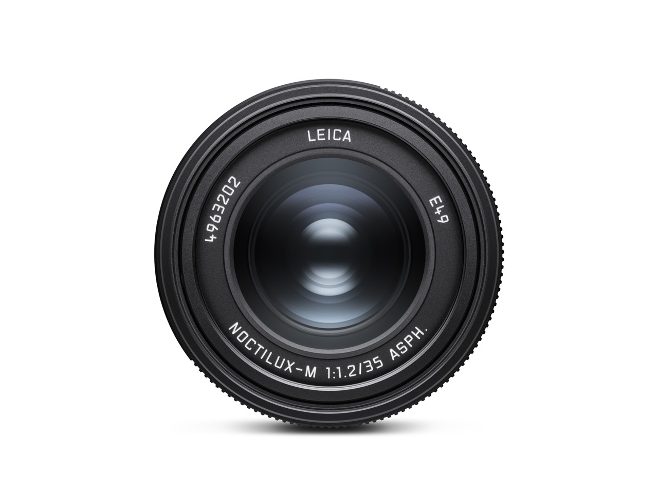 Leica Noctilux-M 35mm F1.2 ASPH Vorderansicht mit Frontlinse, Objektivbeschriftung und Leica Logo
