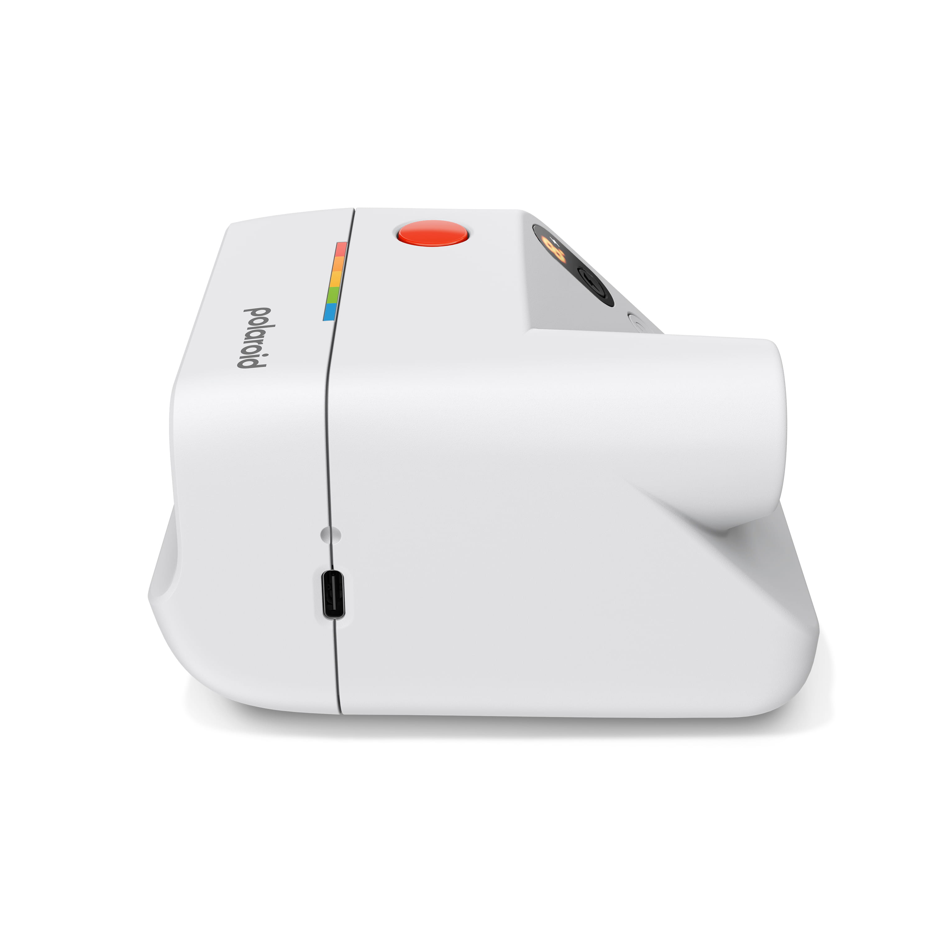 Rechte Seitenansicht der Polaroid Go Generation 3 in Weiß mit USB-C-Anschluss und Gehäuseprofil