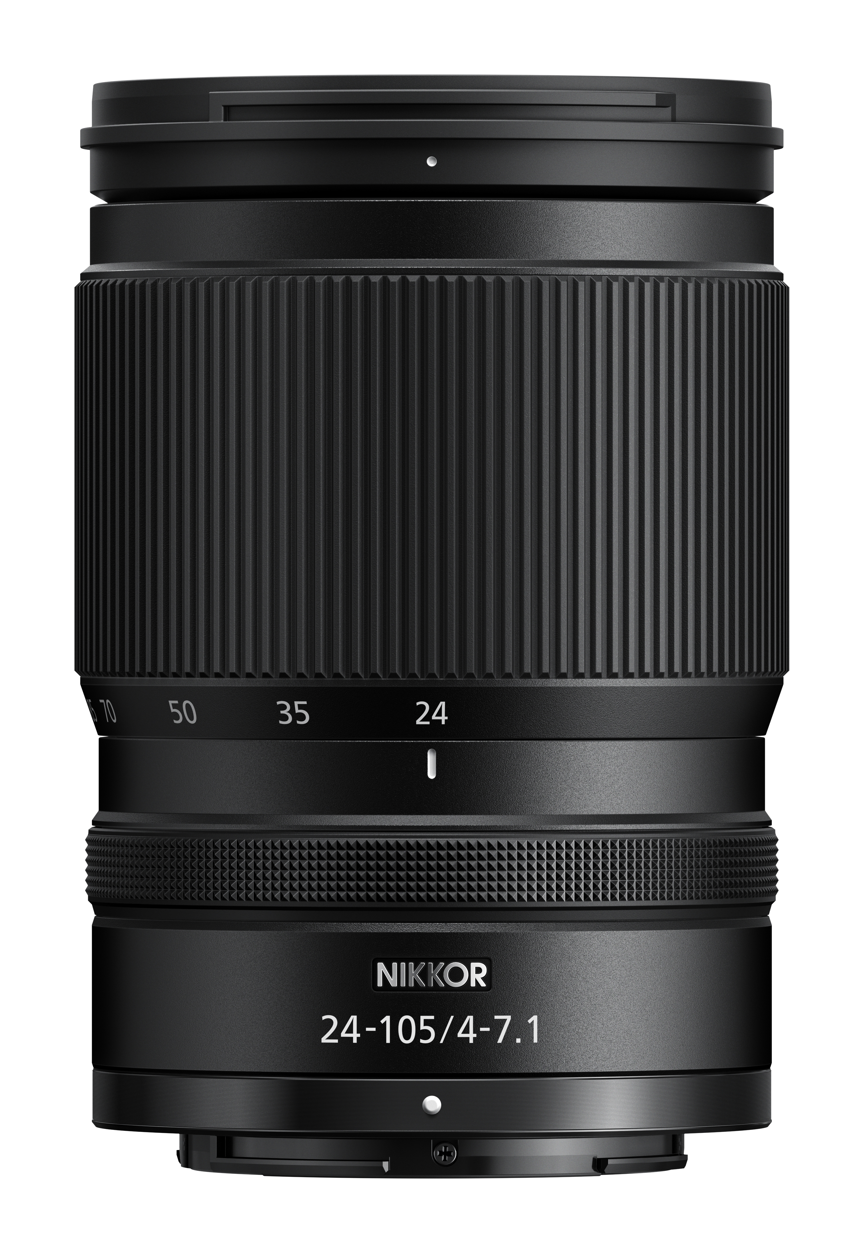 NIKKOR Z 24-105mm F4-7.1 NIKKOR Z 24–105mm F4–7.1 in Vorderansicht mit Zoomring, Brennweitenskala und kompaktem schwarzen Gehäuse