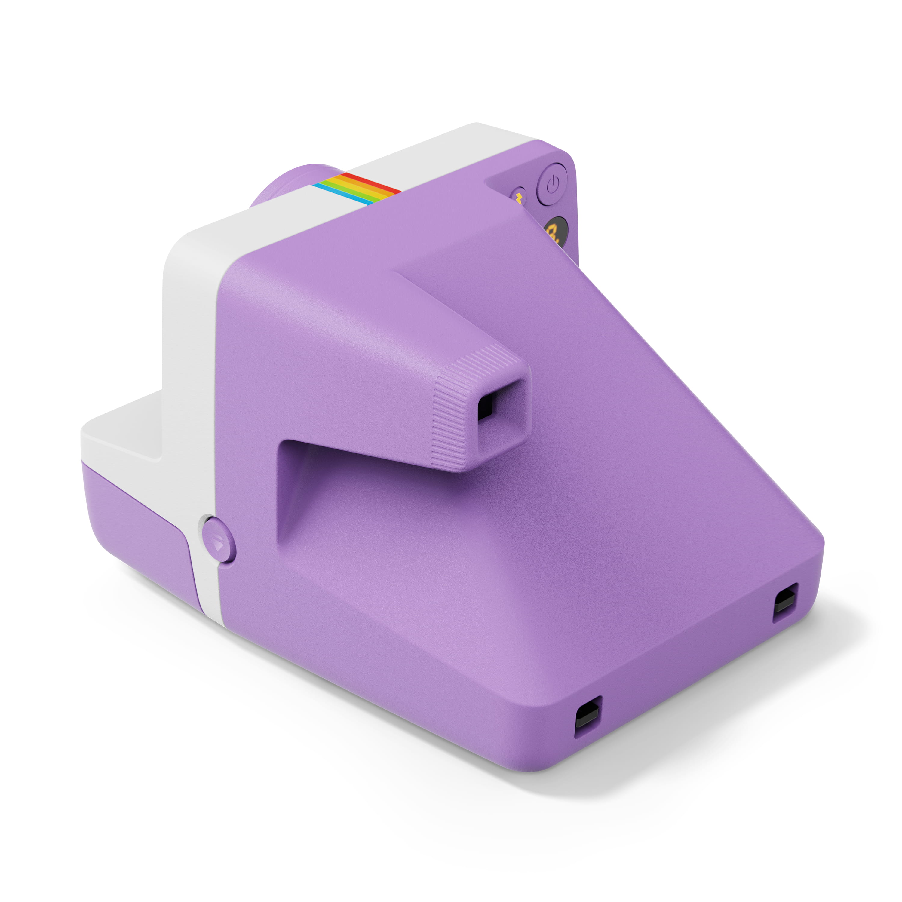 Polaroid Now Gen 3 violett– schräge Rückansicht mit Sucher, Bedienelementen und charakteristischer Form