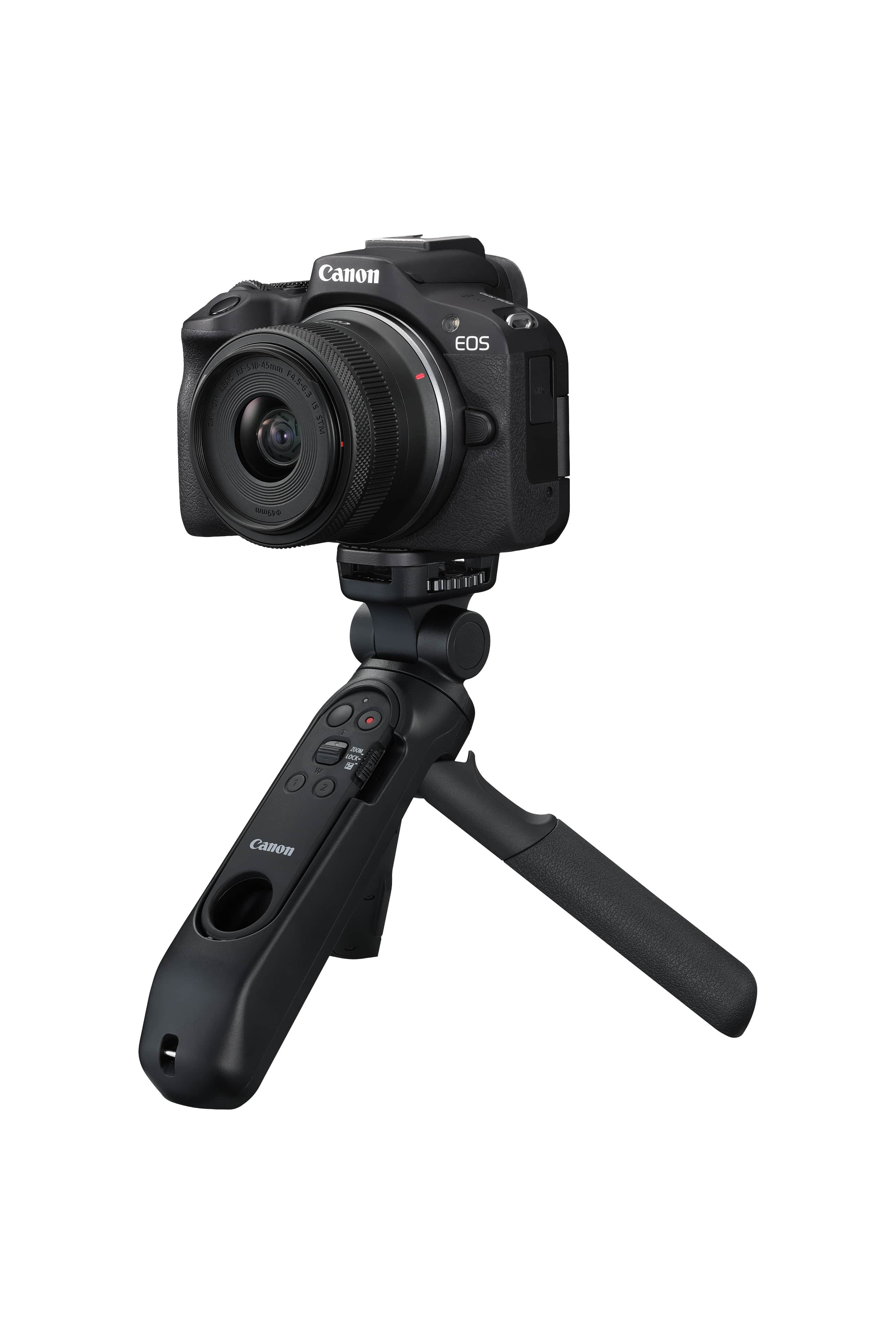 Canon HG-200TBR Griffstativ mit ausgeklappten Standfüßen und montierter Kamera im Stativmodus