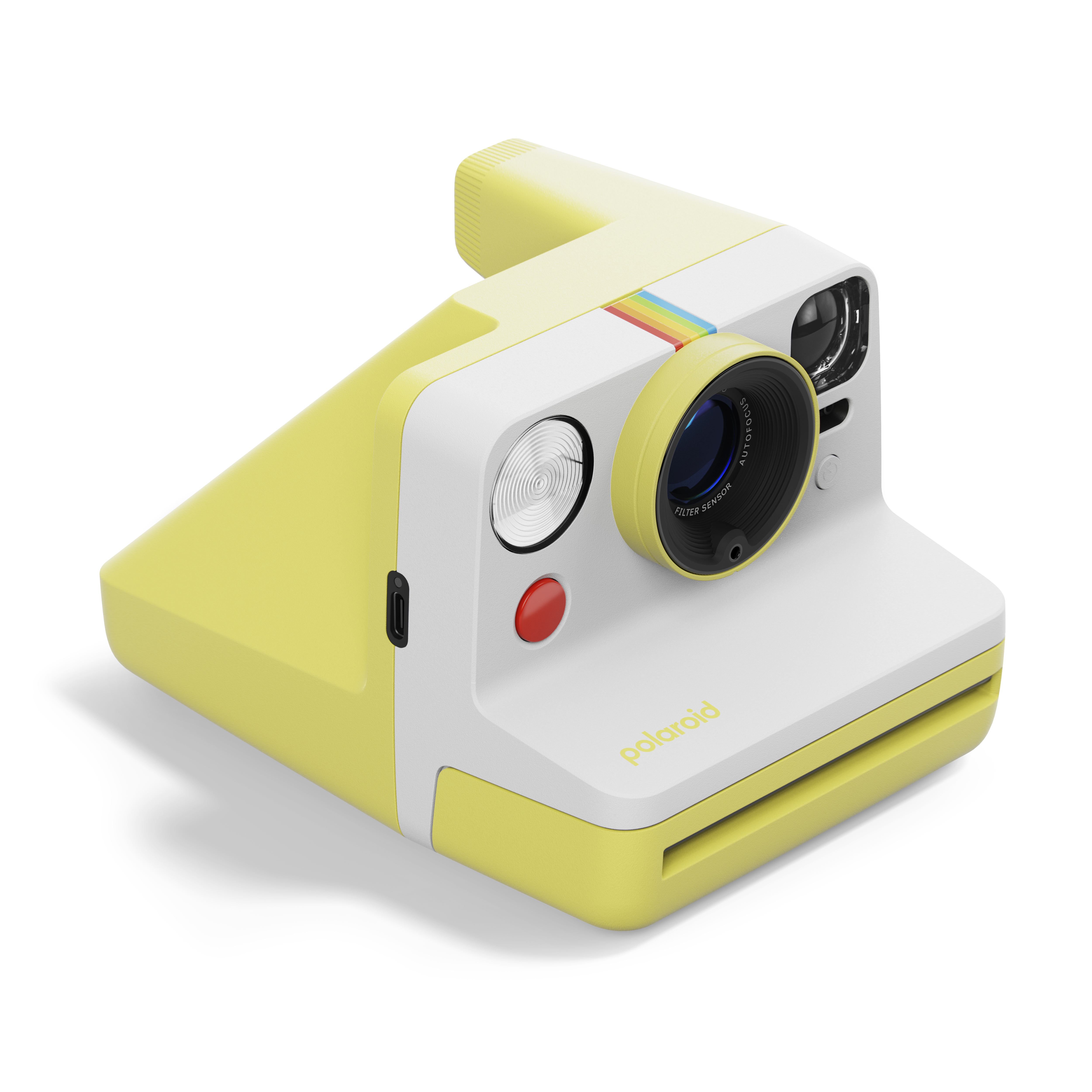 Polaroid Now Gen 3 gelb– schräge Vorderansicht mit Objektiv, Blitz und markantem Gehäusedesign
