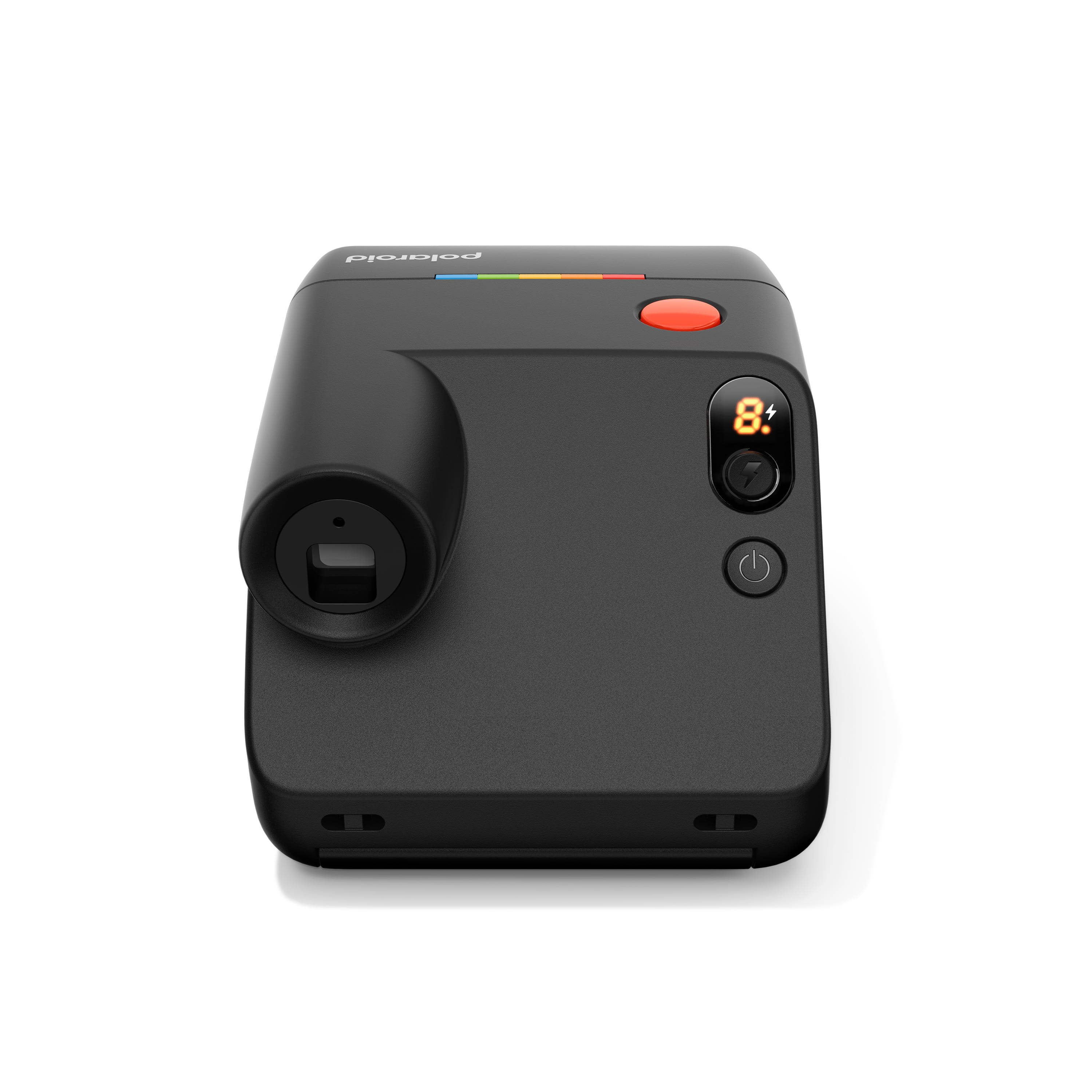Polaroid Go Generation 3 in Schwarz in Rückansicht mit Sucher, Display und Bedienelementen