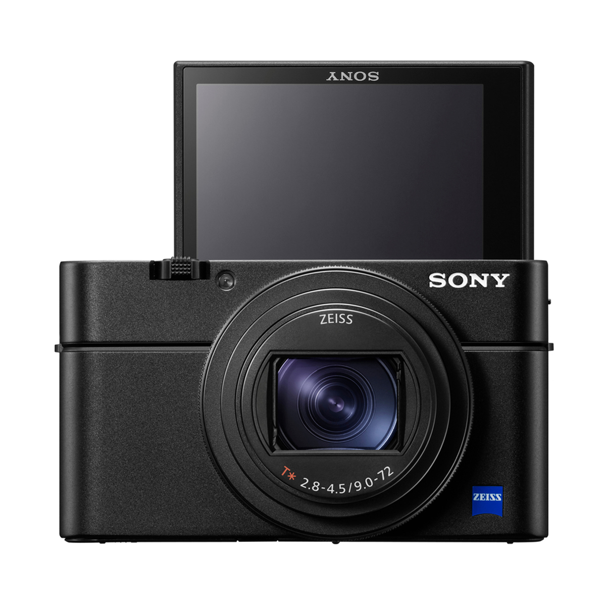 Sony DSC-RX100 VIIA – Vorderansicht der Kompaktkamera mit Zeiss-Objektiv und ausgeklapptem Display