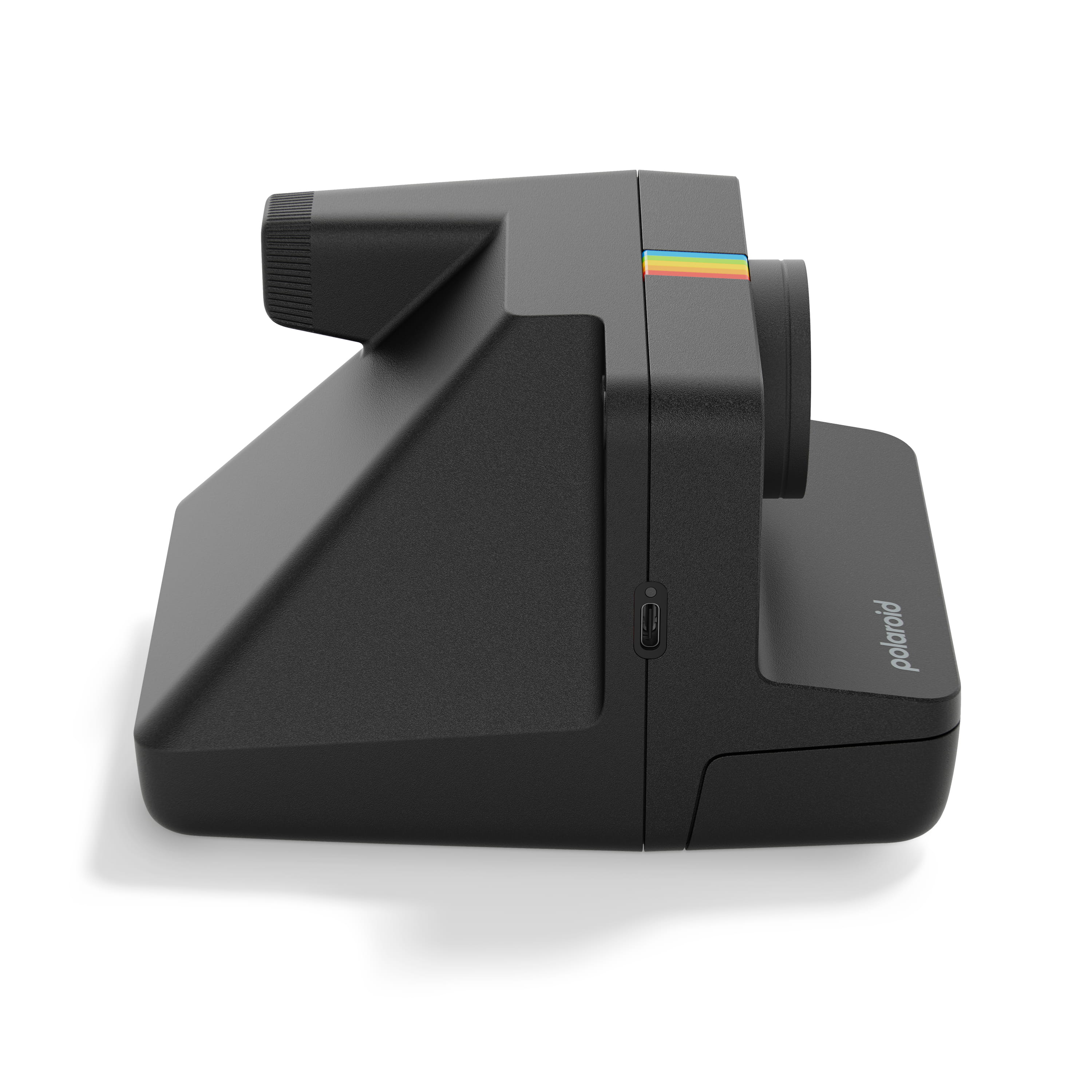 Polaroid Now Gen 3 Plus schwarz – linke Seitenansicht mit Gehäuseform und Anschlussbereich