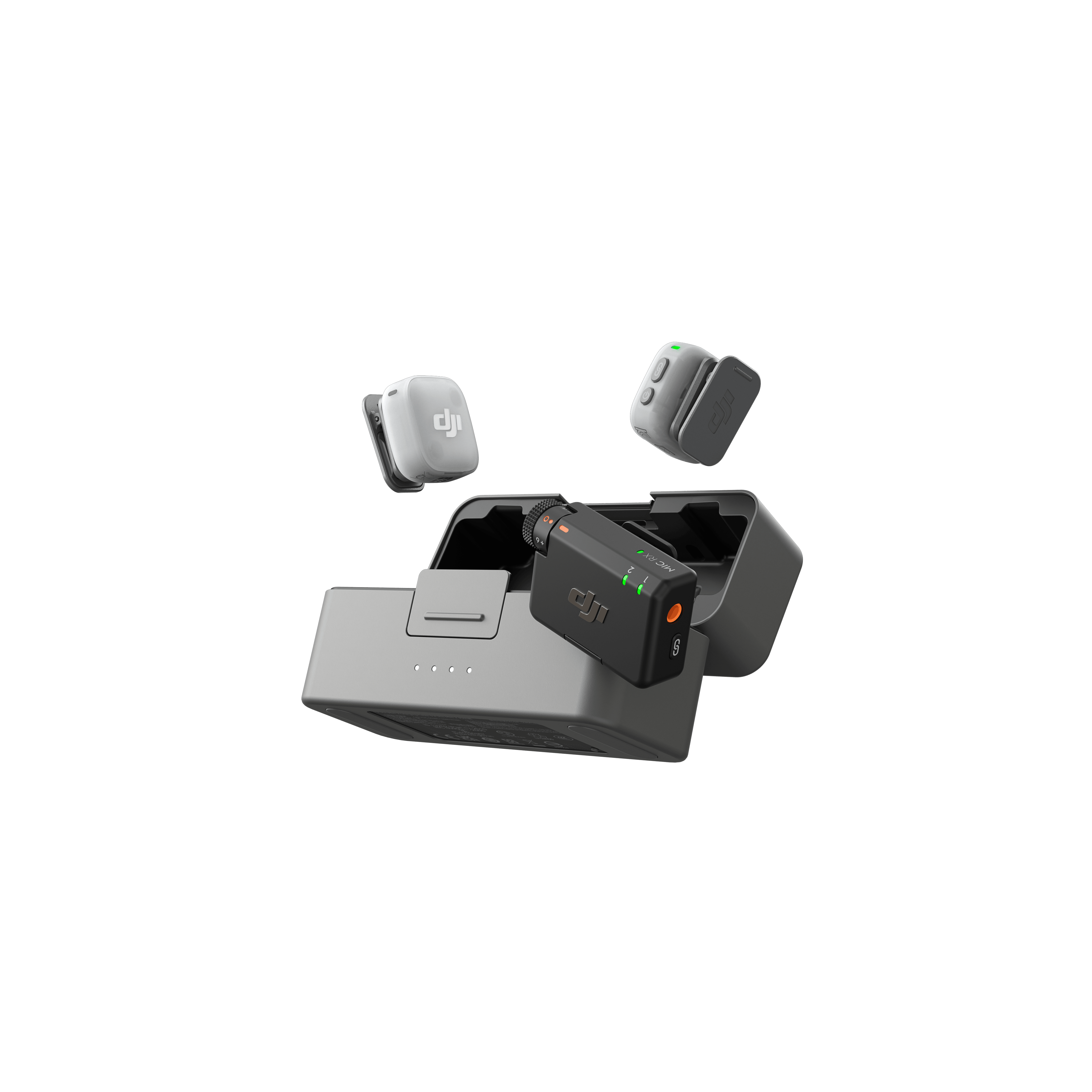 DJI Mic Mini 2 Set – Vorderansicht mit zwei Sendern, Empfänger und Ladeschale für kabellose Audioaufnahmen