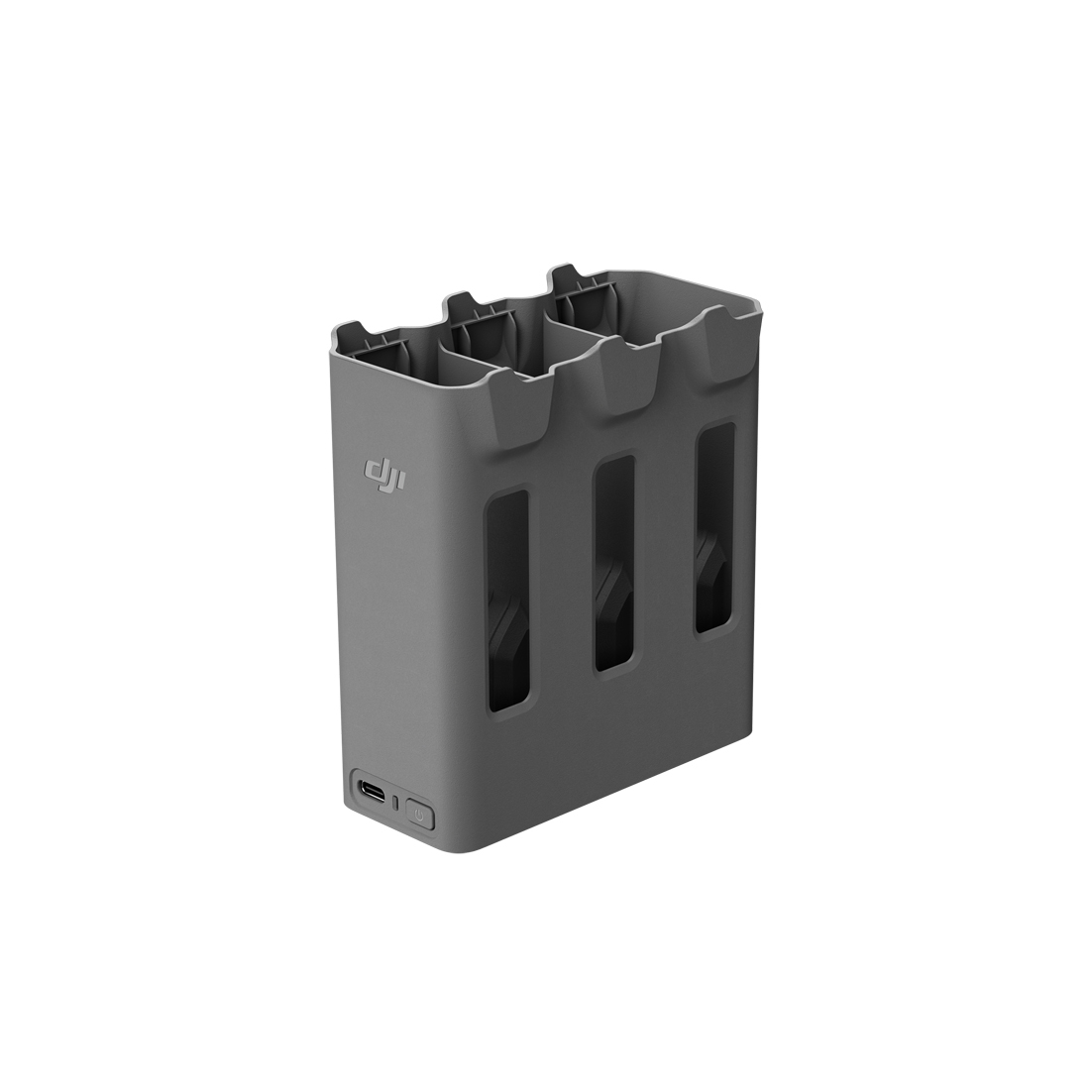 DJI Avata 360 Ladestation – schräge Ansicht der Ladestation mit drei Steckplätzen und Anschlussbereich