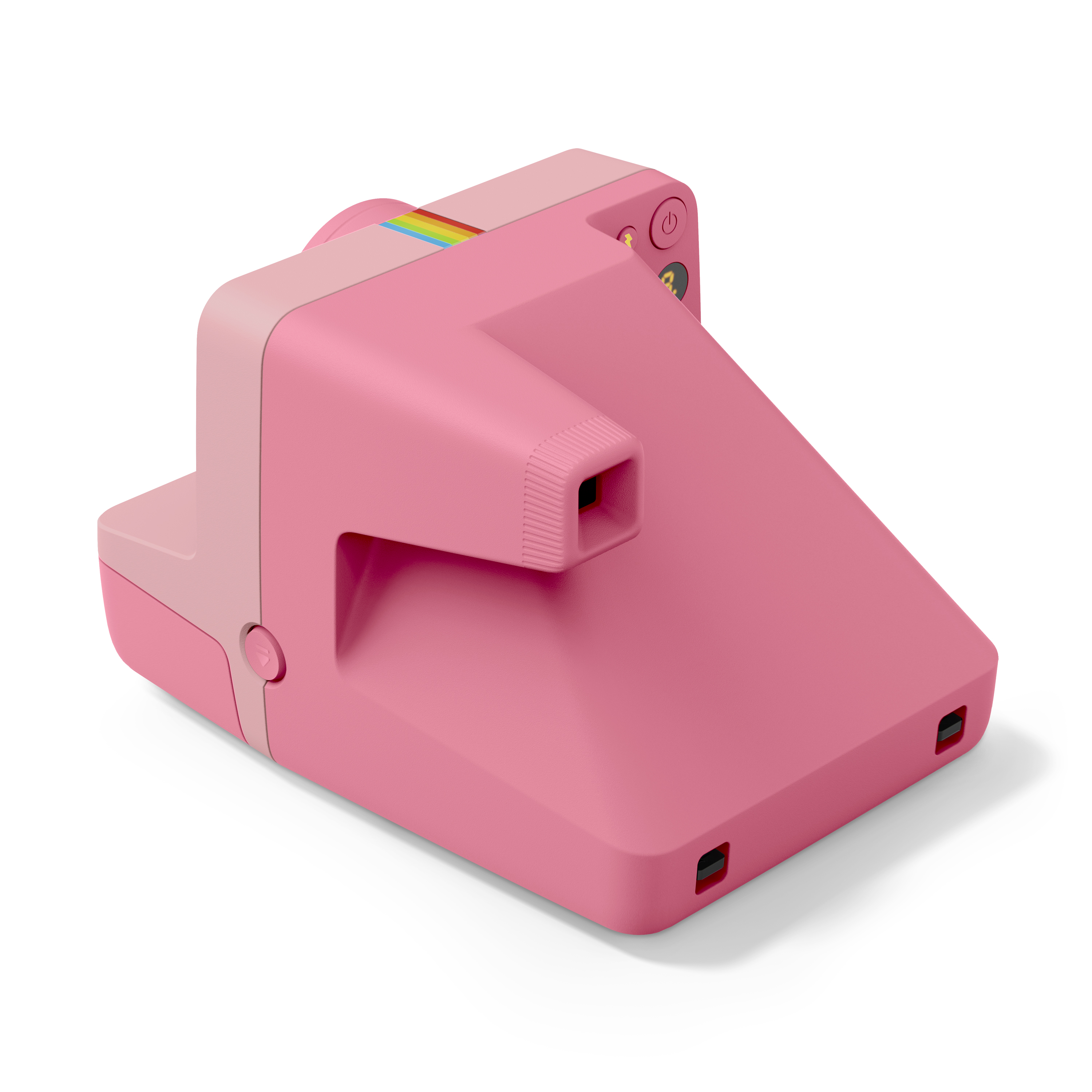 Polaroid Now Generation 3 in Pink – schräge Rückansicht mit Sucher und Bedienelementen