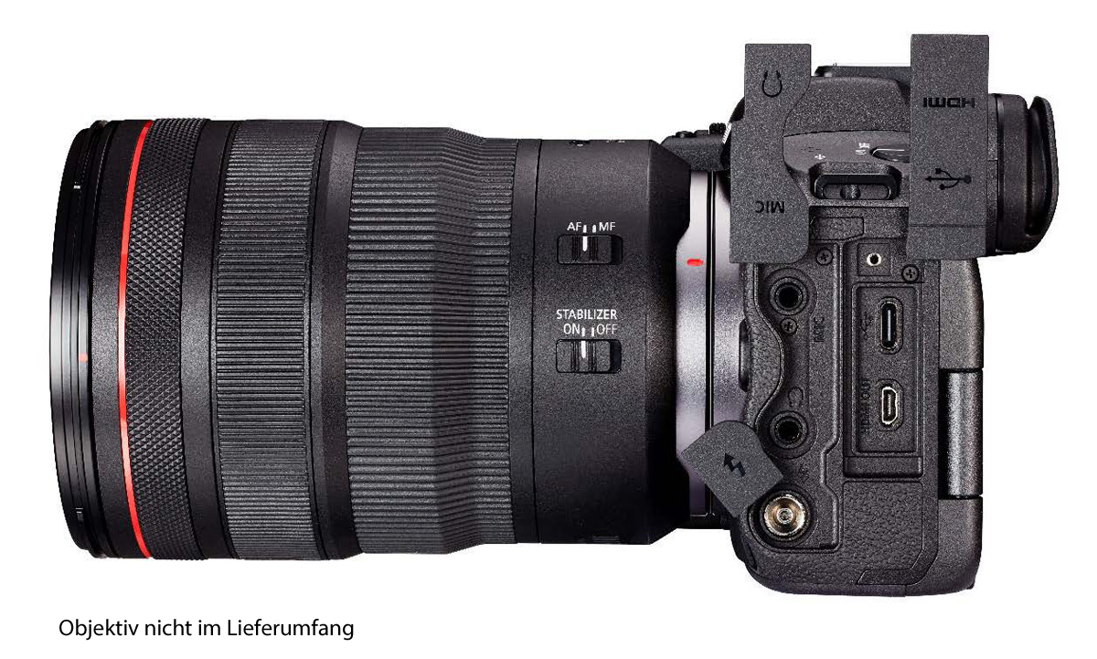 Canon EOS R5 Gehäuse rechte Seitenansicht mit Anschlussabdeckungen für HDMI und USB