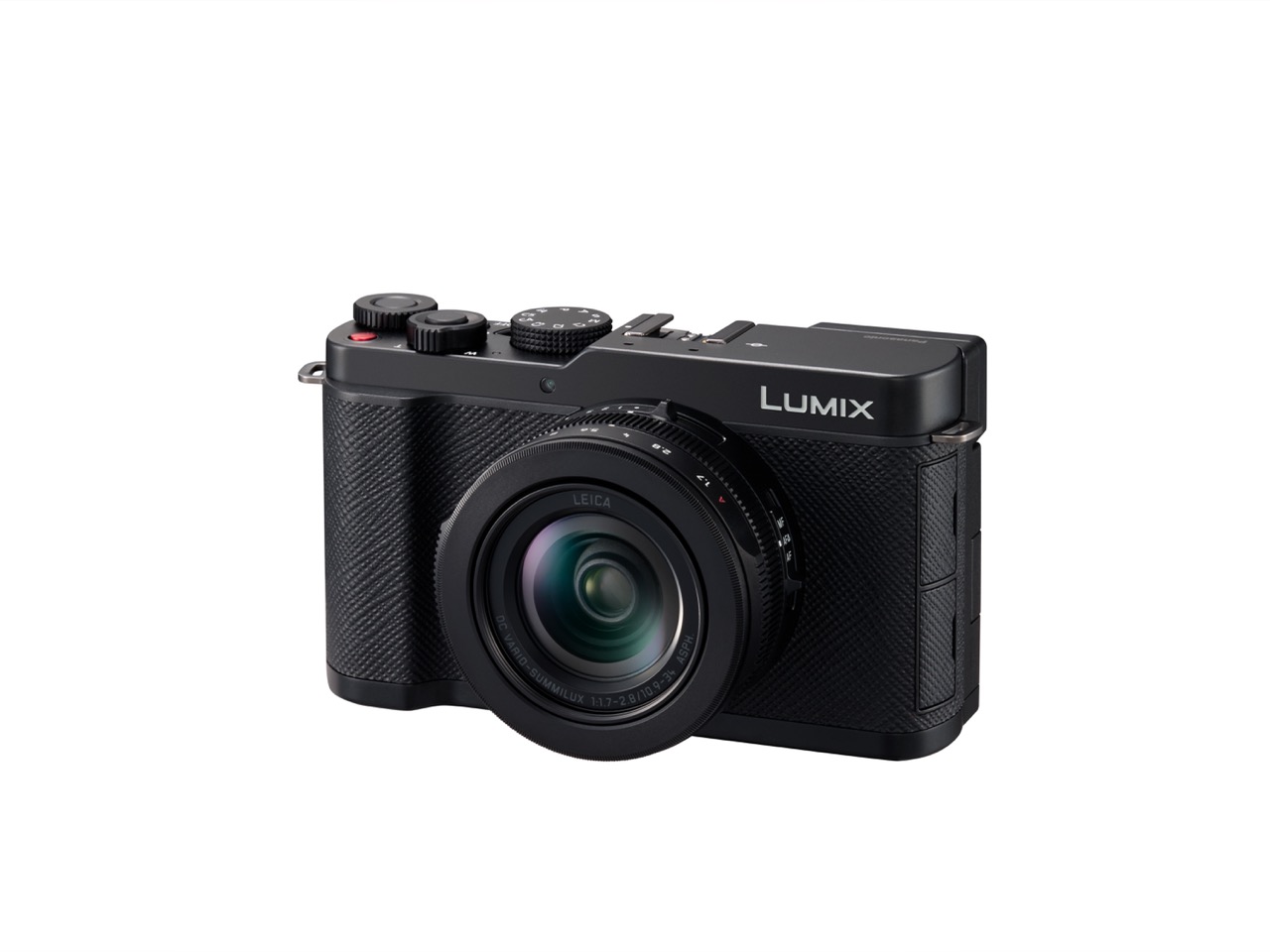 Panasonic Lumix L10 in Schwarz aus schräger Vorderansicht mit Leica-Objektiv