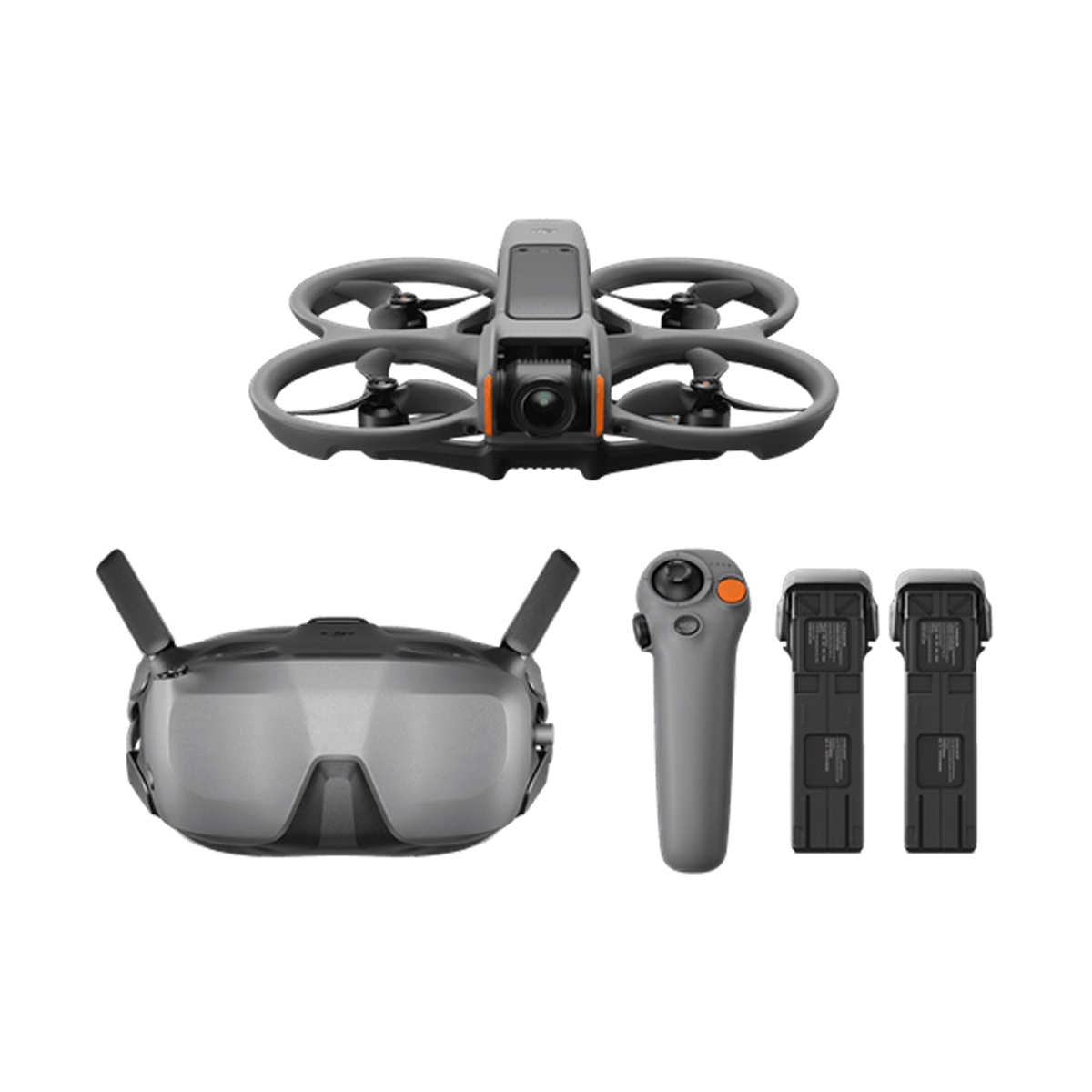 DJI Avata 2 Fly More Smart Combo – Vorderansicht der FPV-Drohne mit integrierter Kamera und Propellerschutz