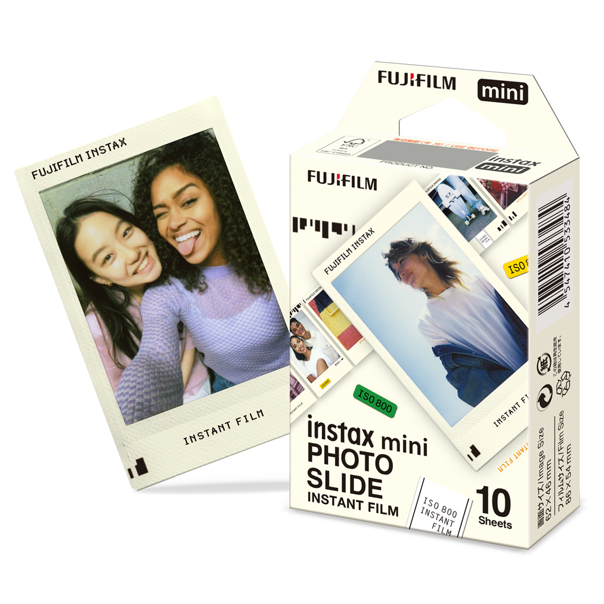 Fujifilm Instax Mini Photo Slide – Schrägansicht der Verpackung mit klassischem Rahmen und dekorativen Grafikelementen