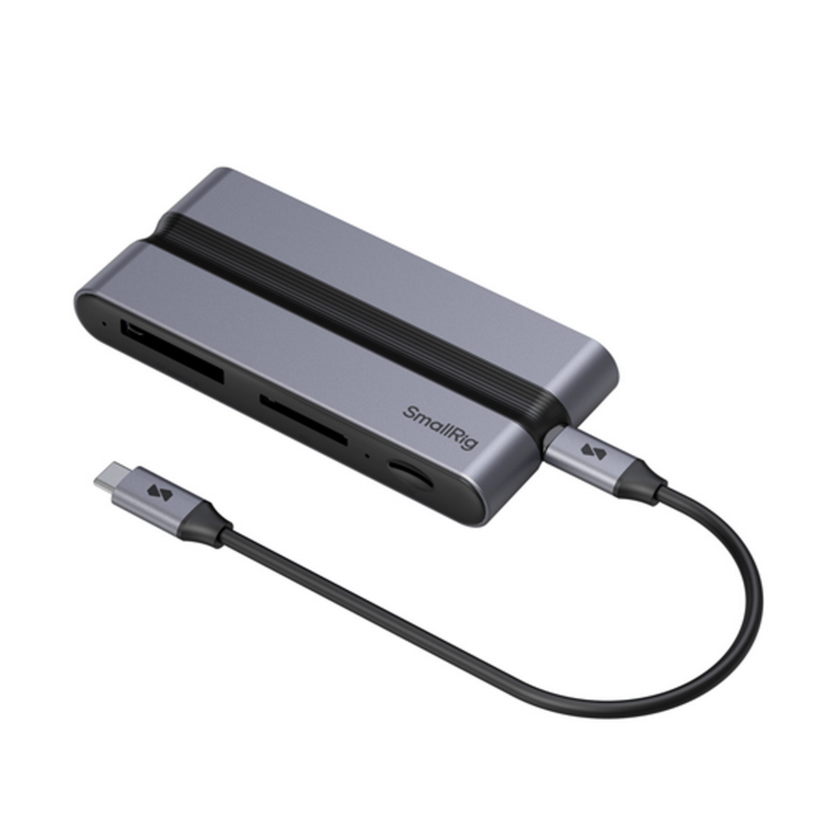 SmallRig 4662 CFexpress 9-in-1 Dockingstation – schräge Vorderansicht mit integriertem USB-C Kabel