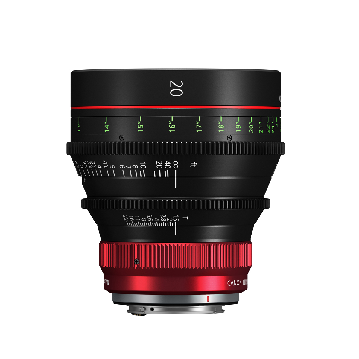 Canon CN-R 20mm T1.5 L F Cine-Objektiv in Seitenansicht mit Fokus-, Blendenring und RF-Bajonett
