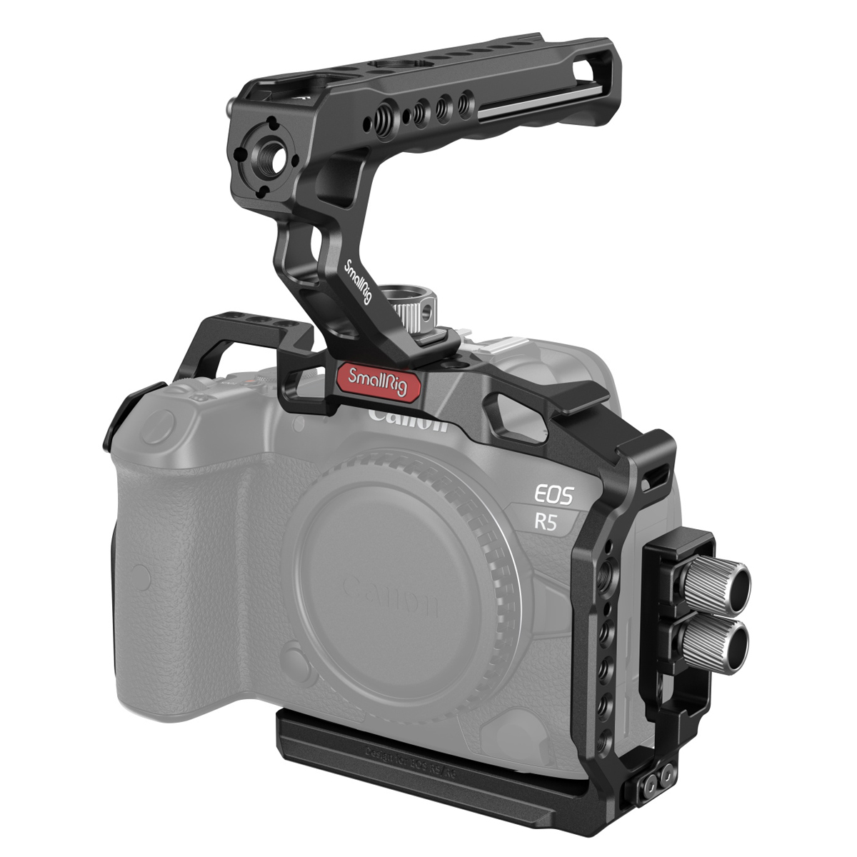 SmallRig 3830B Handheld Kit für Canon EOS R5/R6/R5C – schräge Ansicht mit Cage, Top-Handle und Seitenhalterung