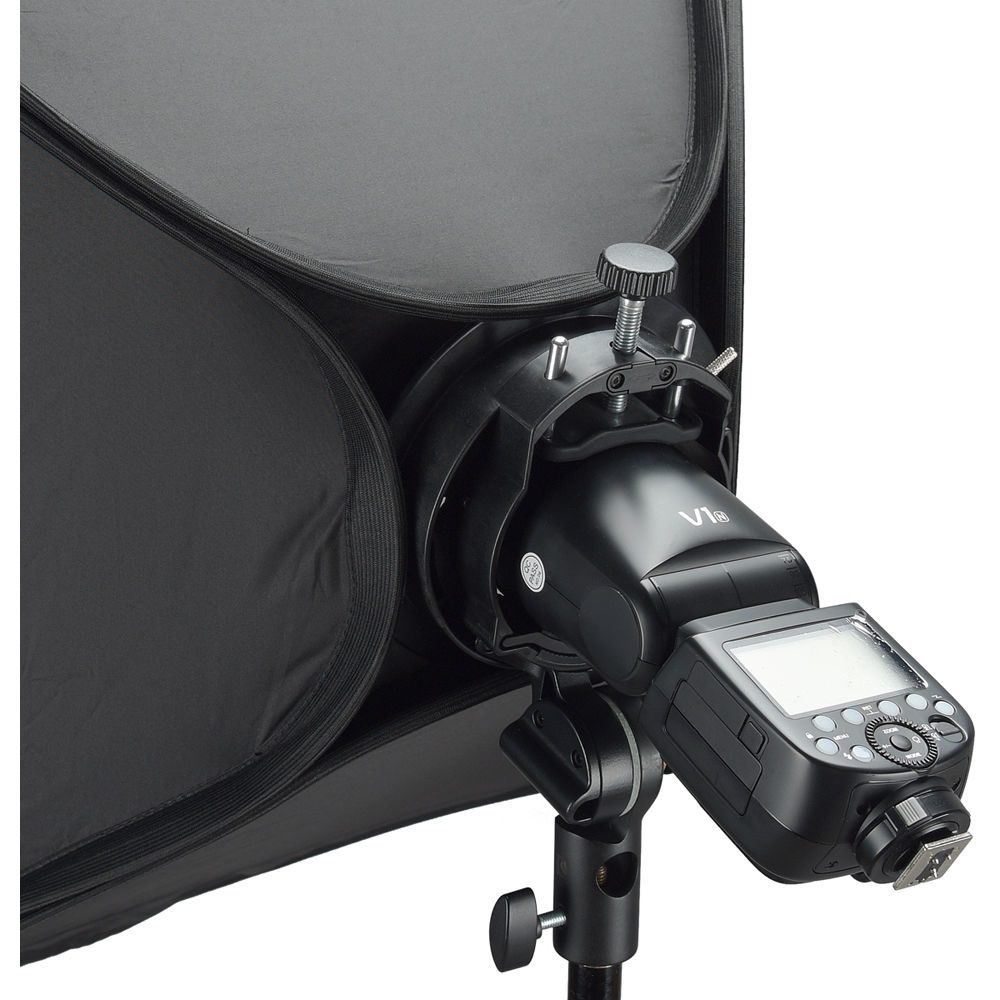 Godox S2 Speedlite Bracket Bowens – montiert mit Systemblitz und Softbox im Studioeinsatz