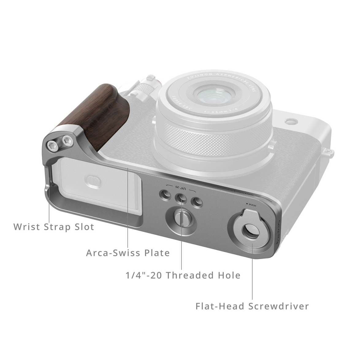 SmallRig 5265 L-Platte für Fujifilm GFX100RF – Unterseite mit Arca-Swiss-Profil, Gewinde und Werkzeug