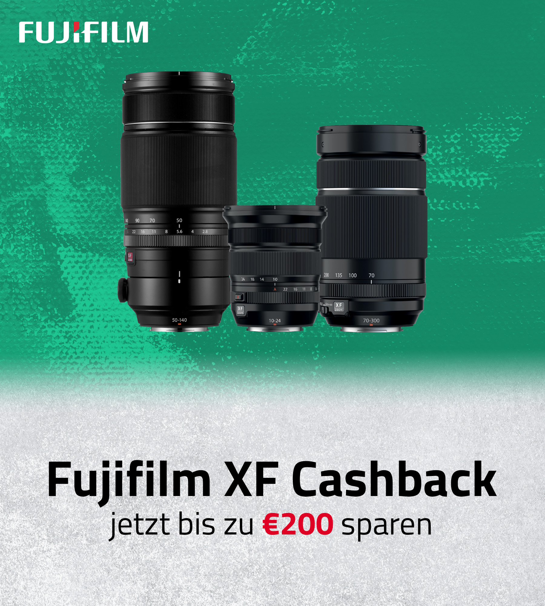 Fujifilm XF Objektive – Bannerdarstellung mit drei Objektiven und Text zur Cashback-Aktion bis zu 200 Euro