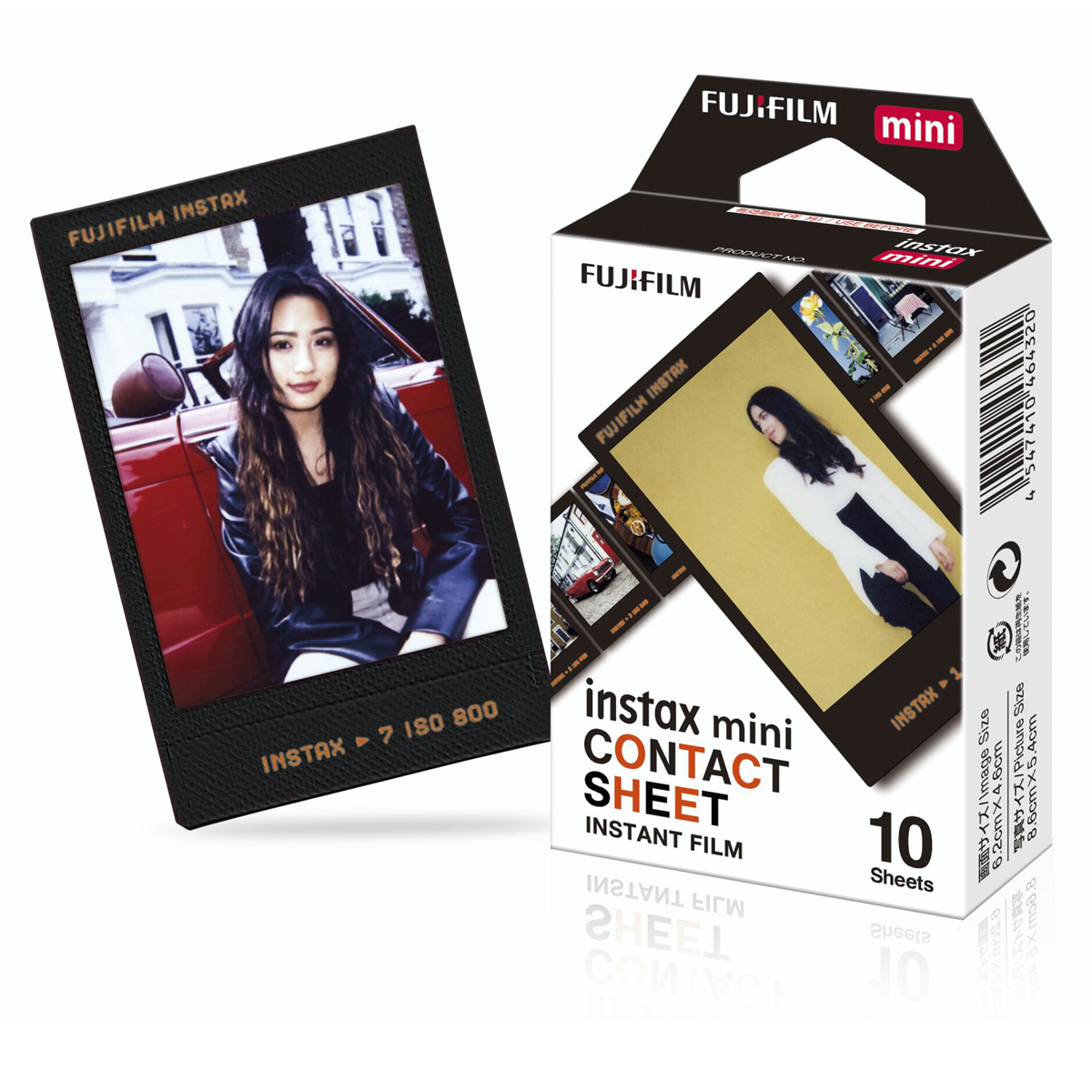Fujifilm Instax Mini Contact Sheet Instant Film – schräge Ansicht der Verpackung und Beispielbild im Retro-Design, 10 Aufnahmen