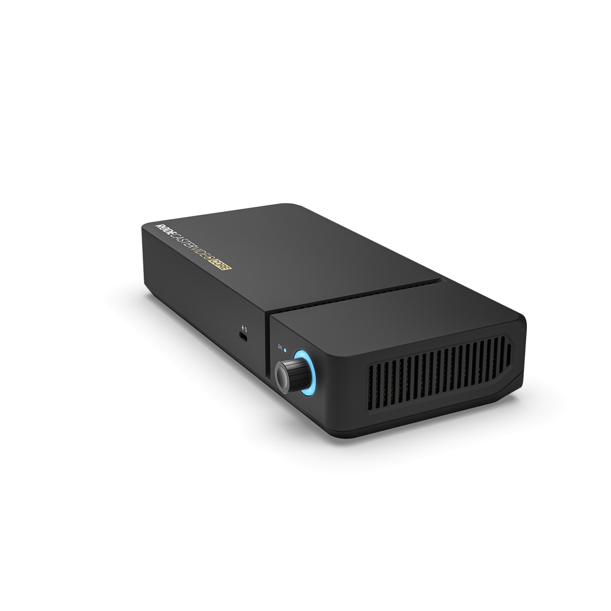 RODECaster Video Core – schräge Ansicht von rechts mit Drehregler und beleuchtetem Bedienelement