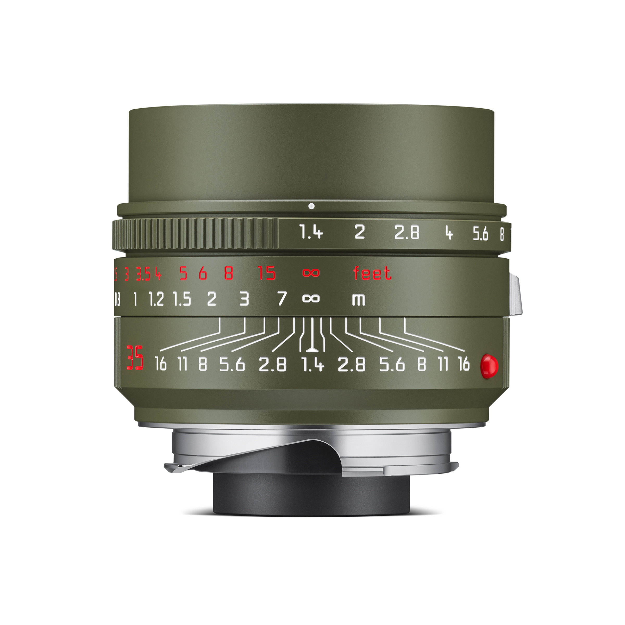 Summilux-M 35mm F1.4 ASPH. Safari (Olivgrün) – Leica M-Mount Leica Summilux-M 35 mm F1.4 ASPH Safari – Seitenansicht des olivgrünen Objektivs mit Fokus- und Blendenring sowie Entfernungsskala
