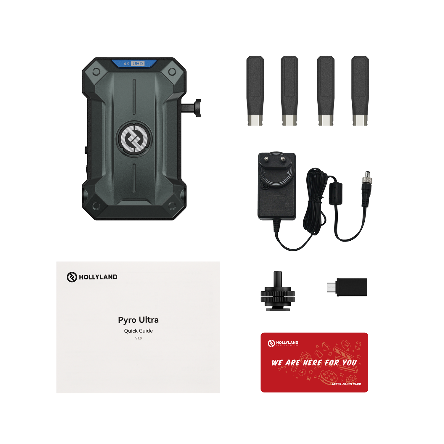 Hollyland Pyro Ultra RX – Lieferumfang mit Empfänger, Antennen, Netzteil, Kabeln und Zubehörteilen übersichtlich angeordnet