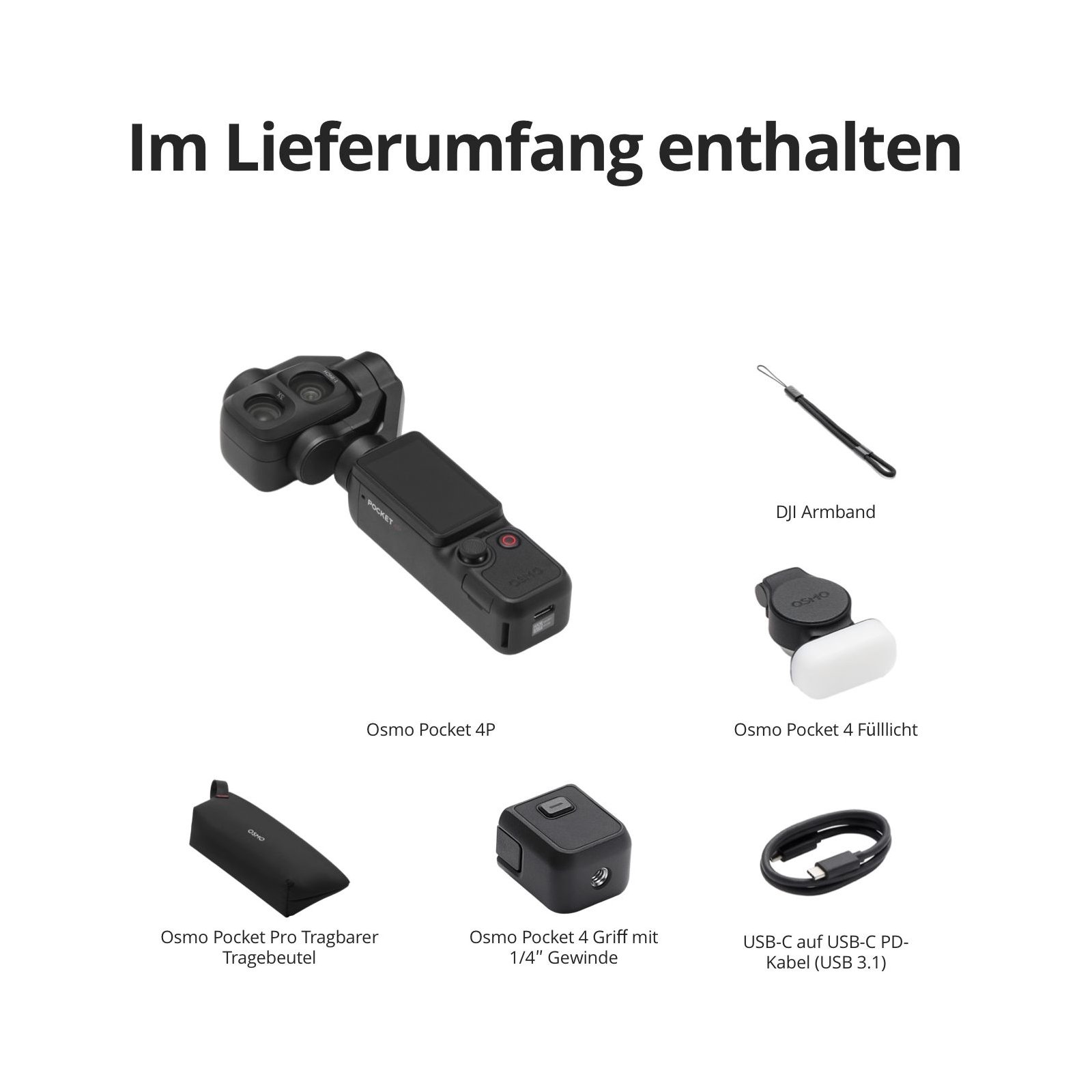 Lieferumfang mit Kamera, Schutzhülle, USB-C-Kabel, Handschlaufe und Zubehör.