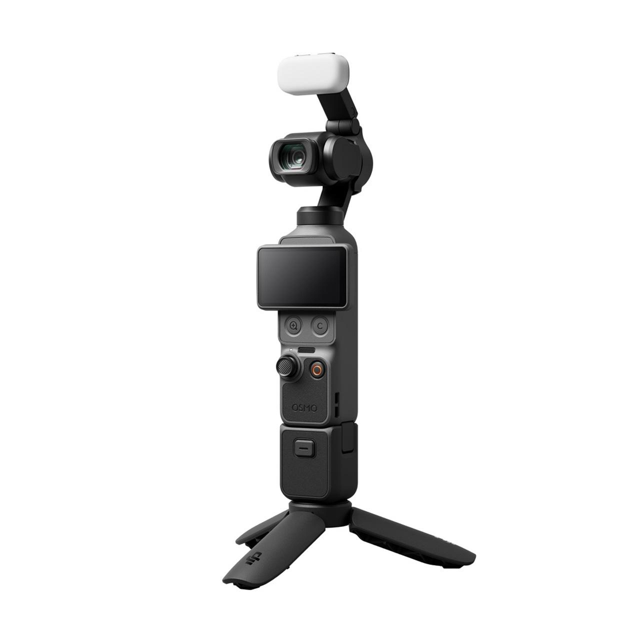 DJI Osmo Pocket 4 Creator Combo – Kamera mit Mikrofonaufsatz, Display und Stativgriff in aufgebauter Nutzungskonfiguration
