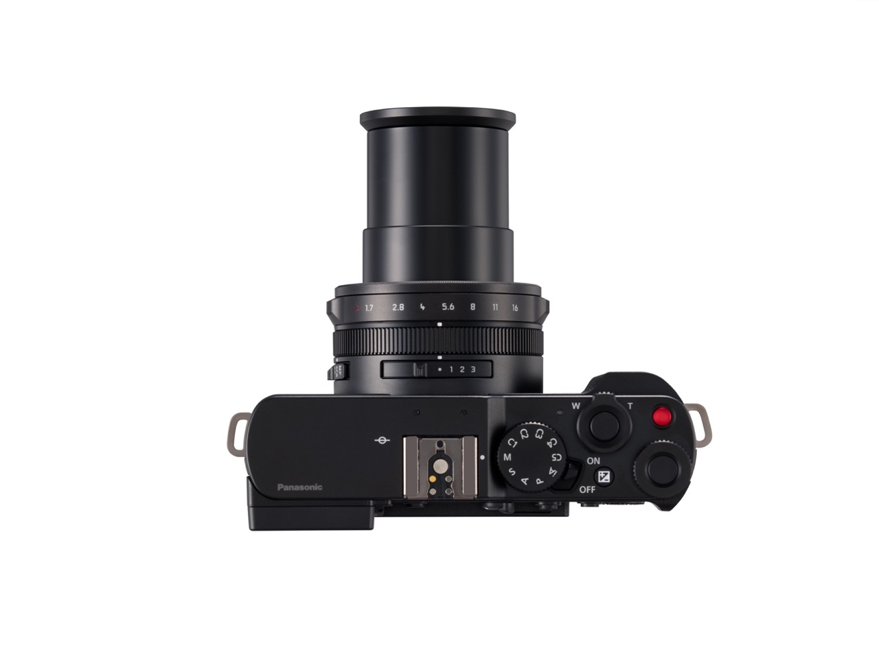 Panasonic Lumix L10 in Schwarz aus Draufsicht mit ausgefahrenem Zoomobjektiv
