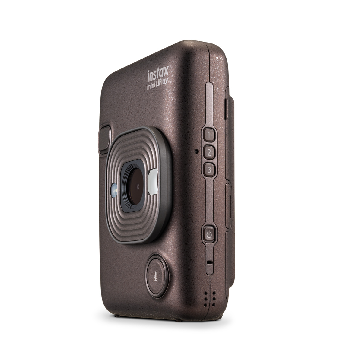 Fujifilm Instax Mini LiPlay Deep Bronze – Seitenansicht mit Funktionstasten und Gehäusedetails