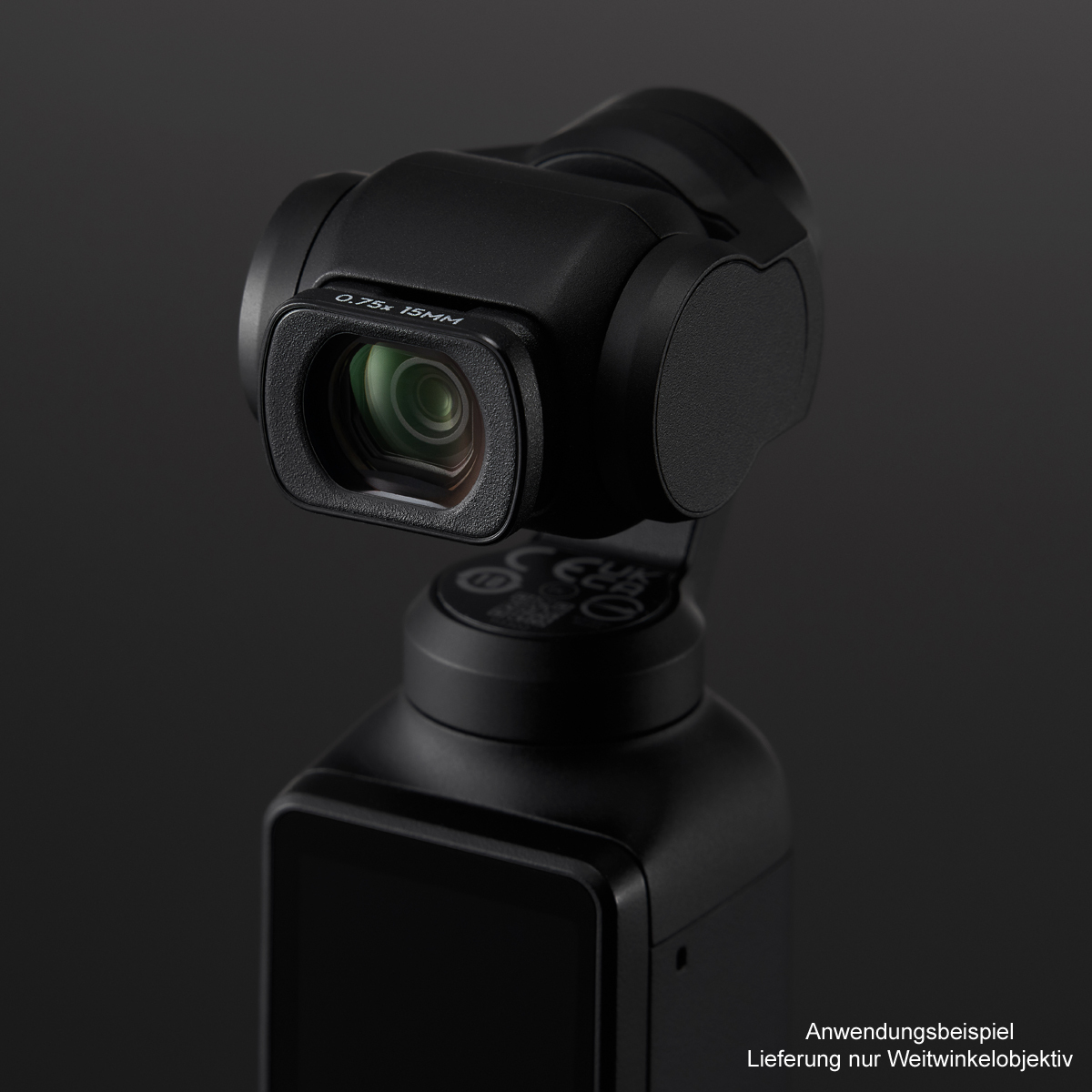 DJI Osmo Pocket 3 Weitwinkelobjektiv – Detailansicht montiert an Kamera mit sichtbarer Linse und Rahmenstruktur