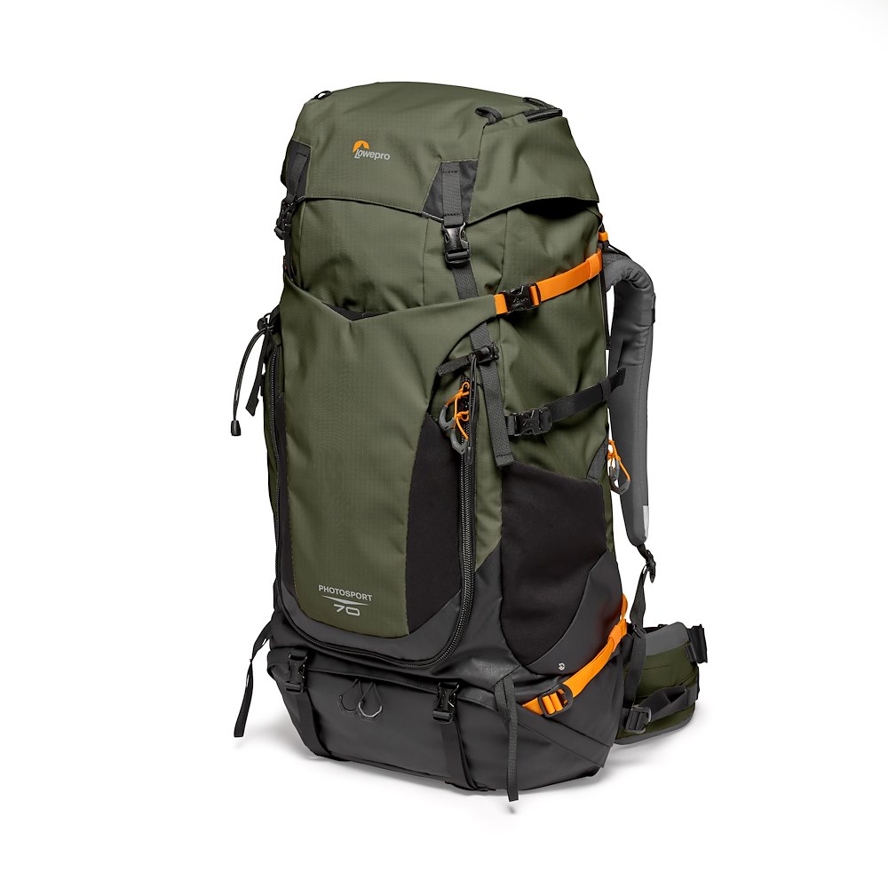 Lowepro PhotoSport Pro 70L AW IV M-L – Vorderansicht des Outdoor-Fotorucksacks mit Befestigungsriemen