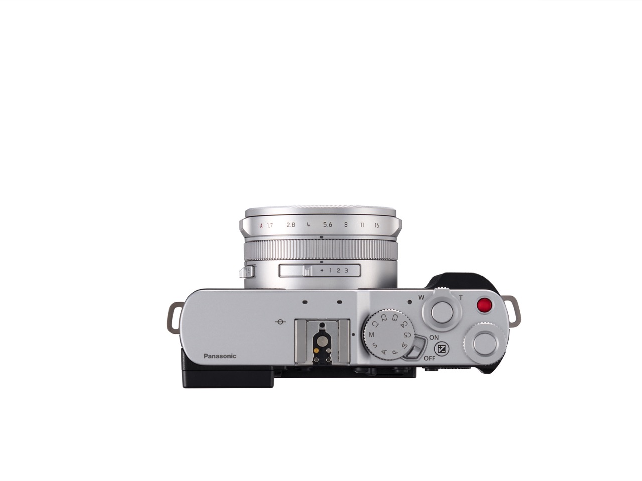 Panasonic Lumix L10 in Silber – Draufsicht mit Einstellrädern, Auslöser und Objektivsteuerung