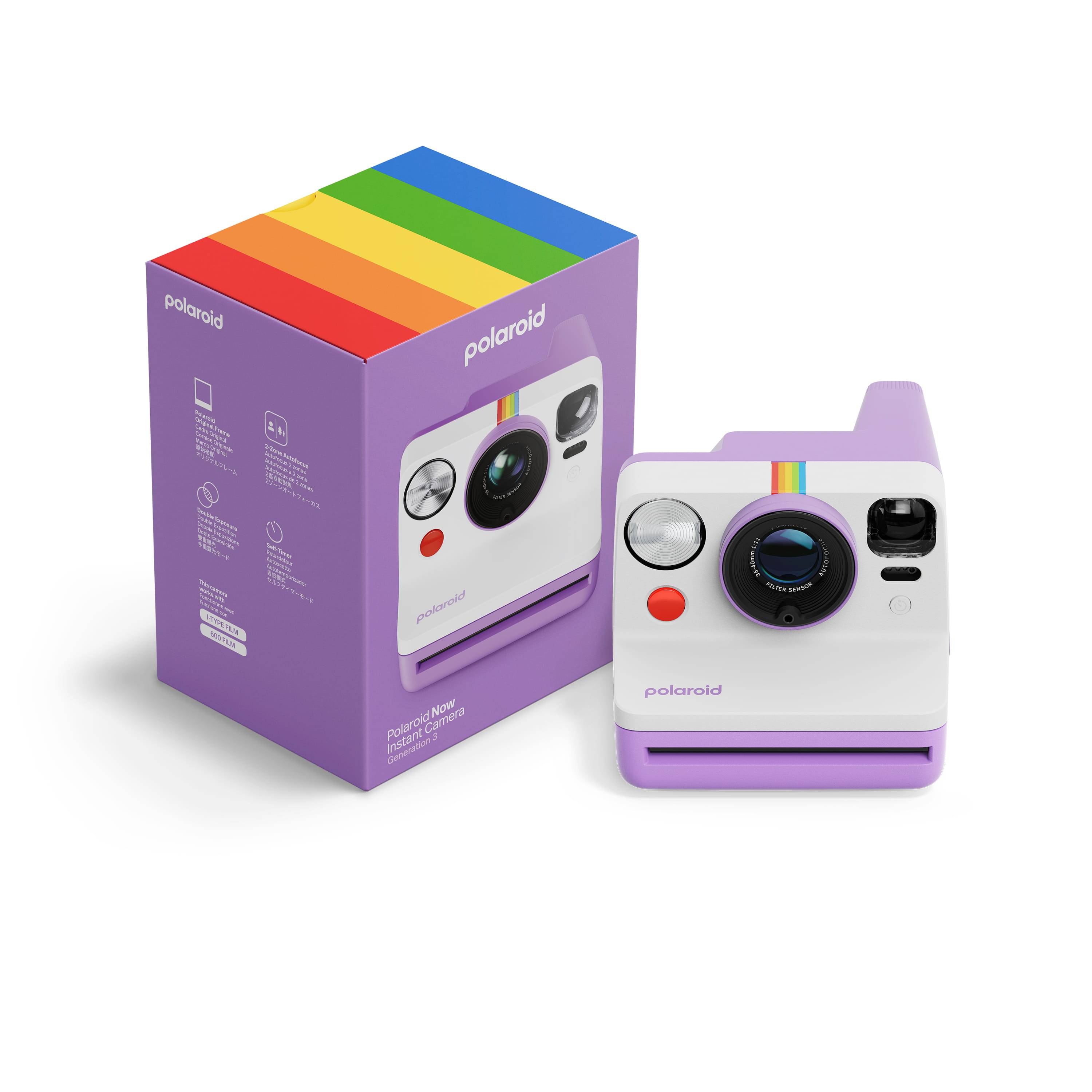 Polaroid Now Gen 3 violett– Vorderansicht mit Kamera und Verpackung, Produktbox mit farbigem Streifen obe