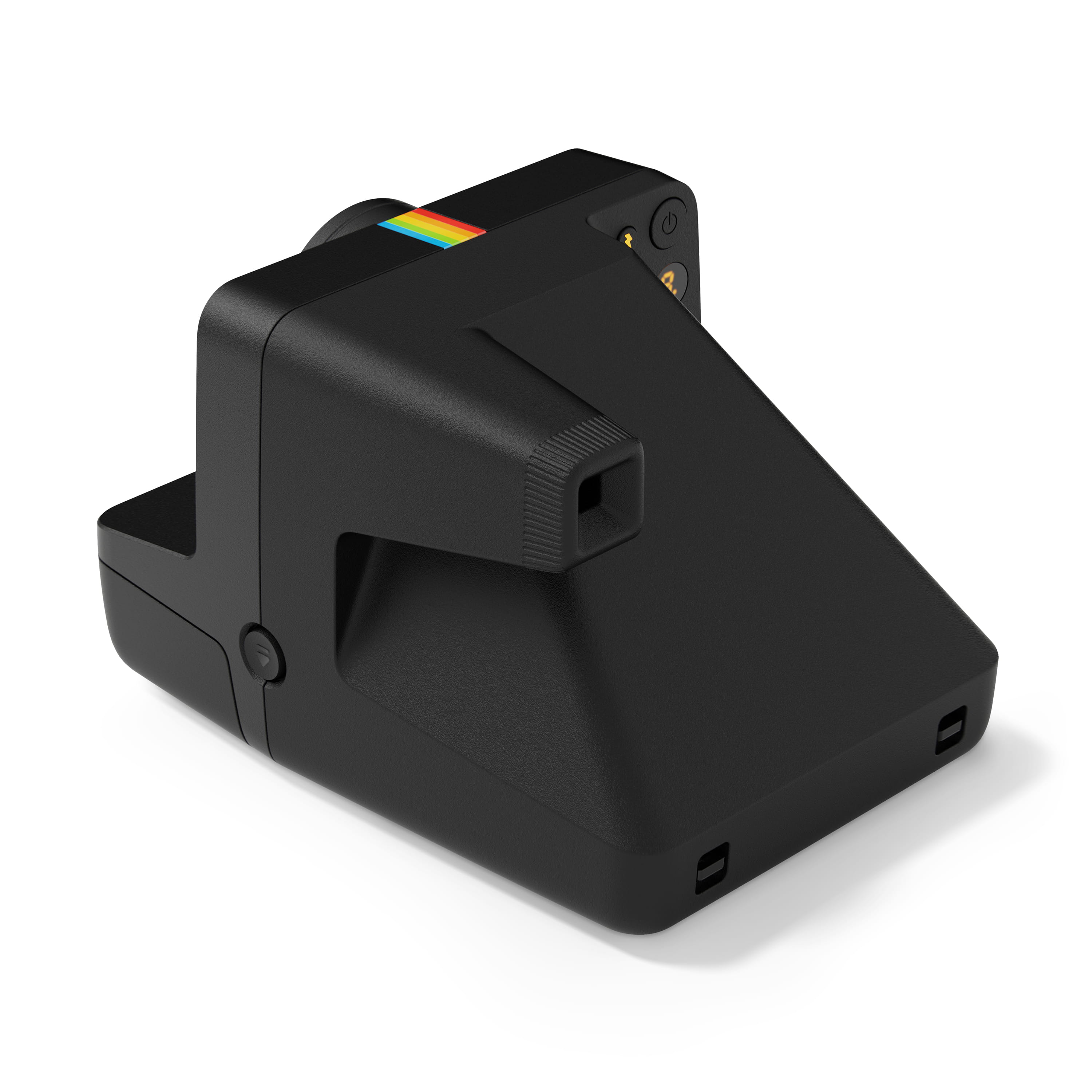 Polaroid Now Gen 3 Plus schwarz – schräge Rückansicht mit Sucher, Anzeige und Bedienelementen