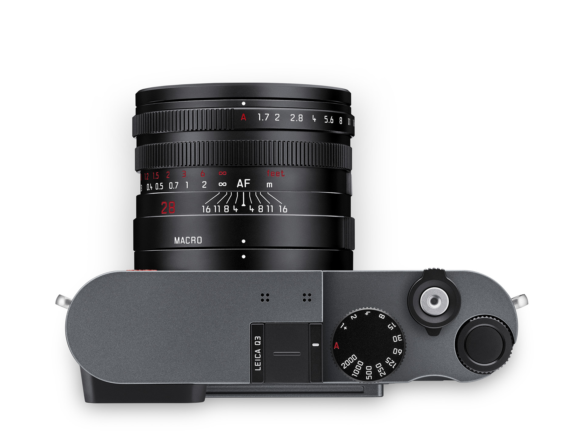 Draufsicht der Leica Q3 in Metal Gray mit Bedienelementen und Summilux 28mm Objektiv