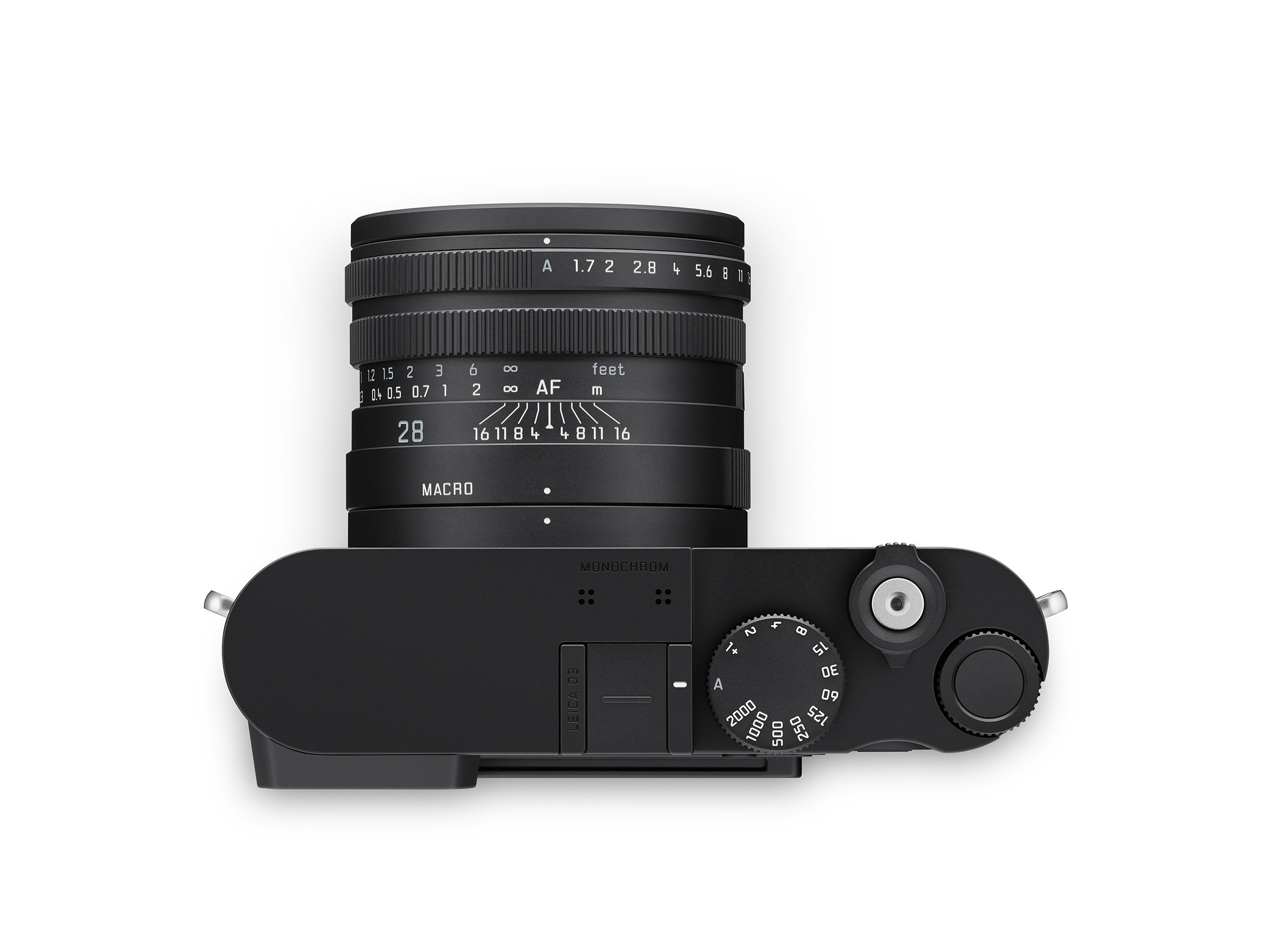 Q3 Monochrom Leica Q3 Monochrom – Draufsicht mit Belichtungsrad, Auslöser und Objektivringen für Fokus und Blende
