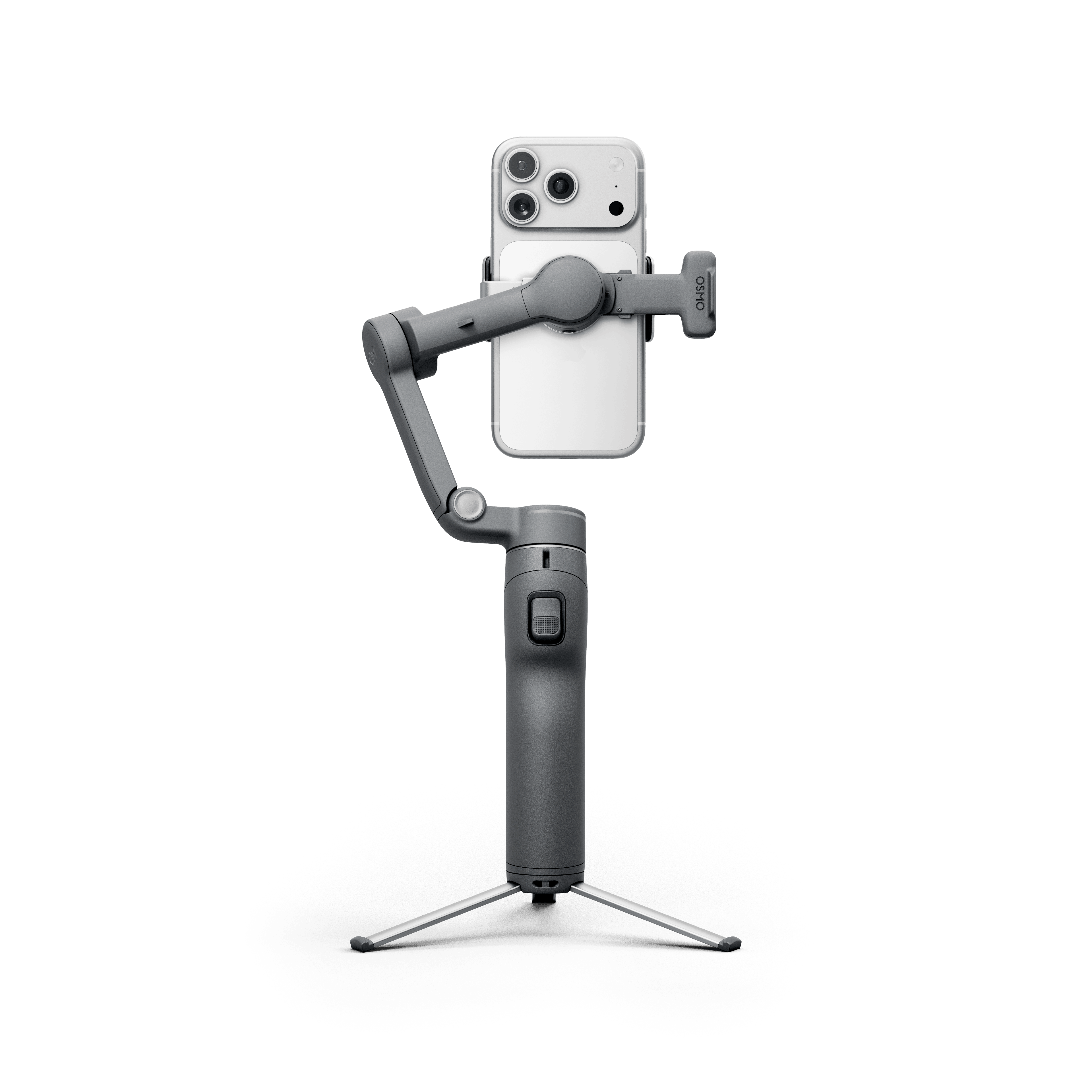 DJI Osmo Mobile 8P Smartphone-Gimbal in Vorderansicht mit montiertem Smartphone und Stativ