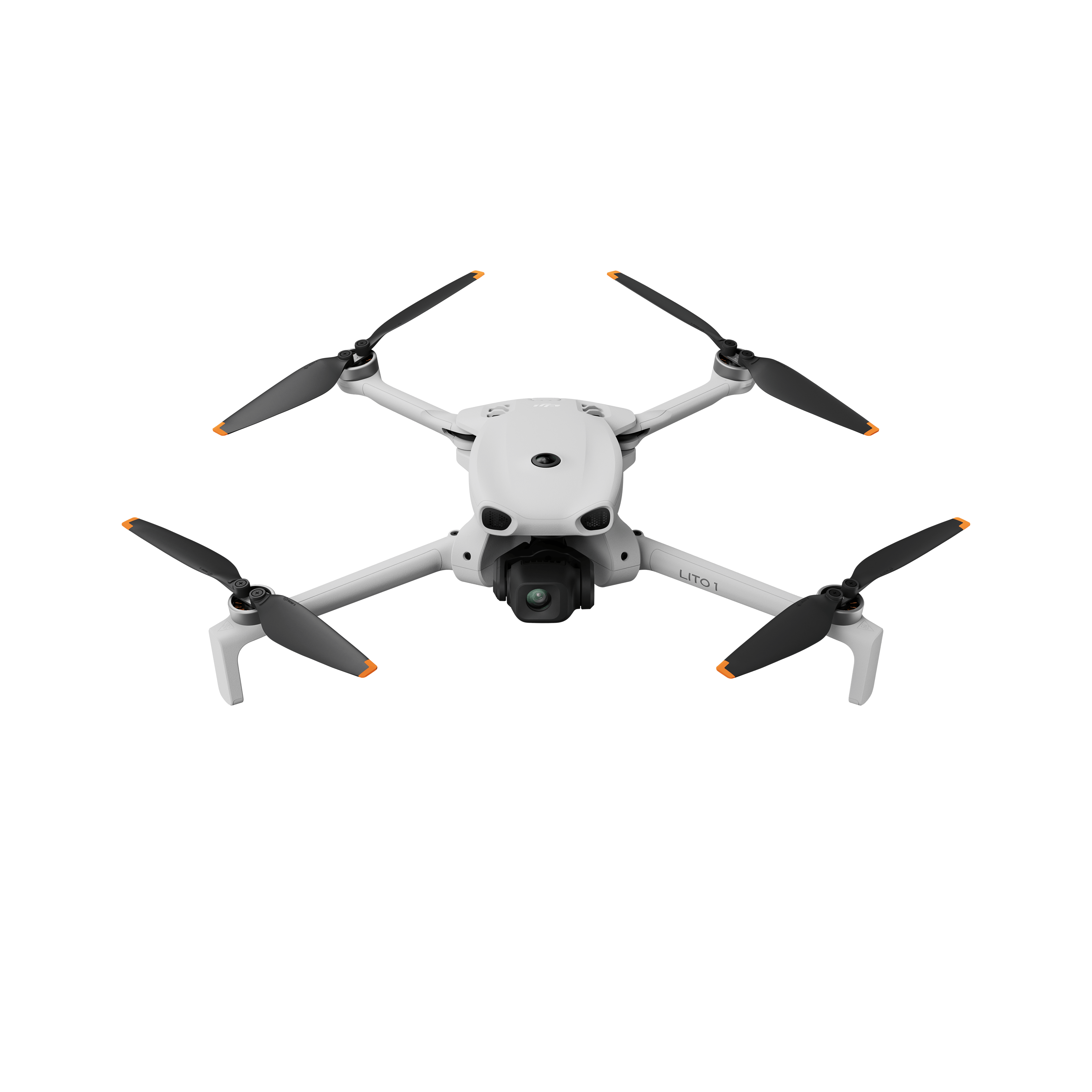 DJI Lito 1 Drohne in Vorderansicht mit Kamera und Sensoren, Arme seitlich ausgeklappt und Propeller sichtbar