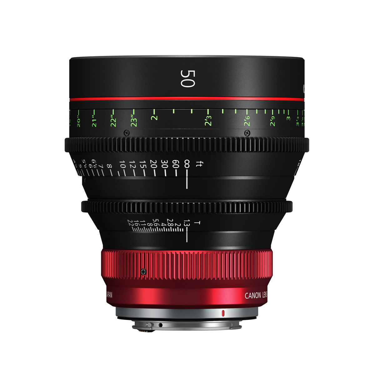 Canon CN-R 50mm T1.3 L F Cine-Objektiv in Seitenansicht mit Fokus-, Blendenring und RF-Bajonett