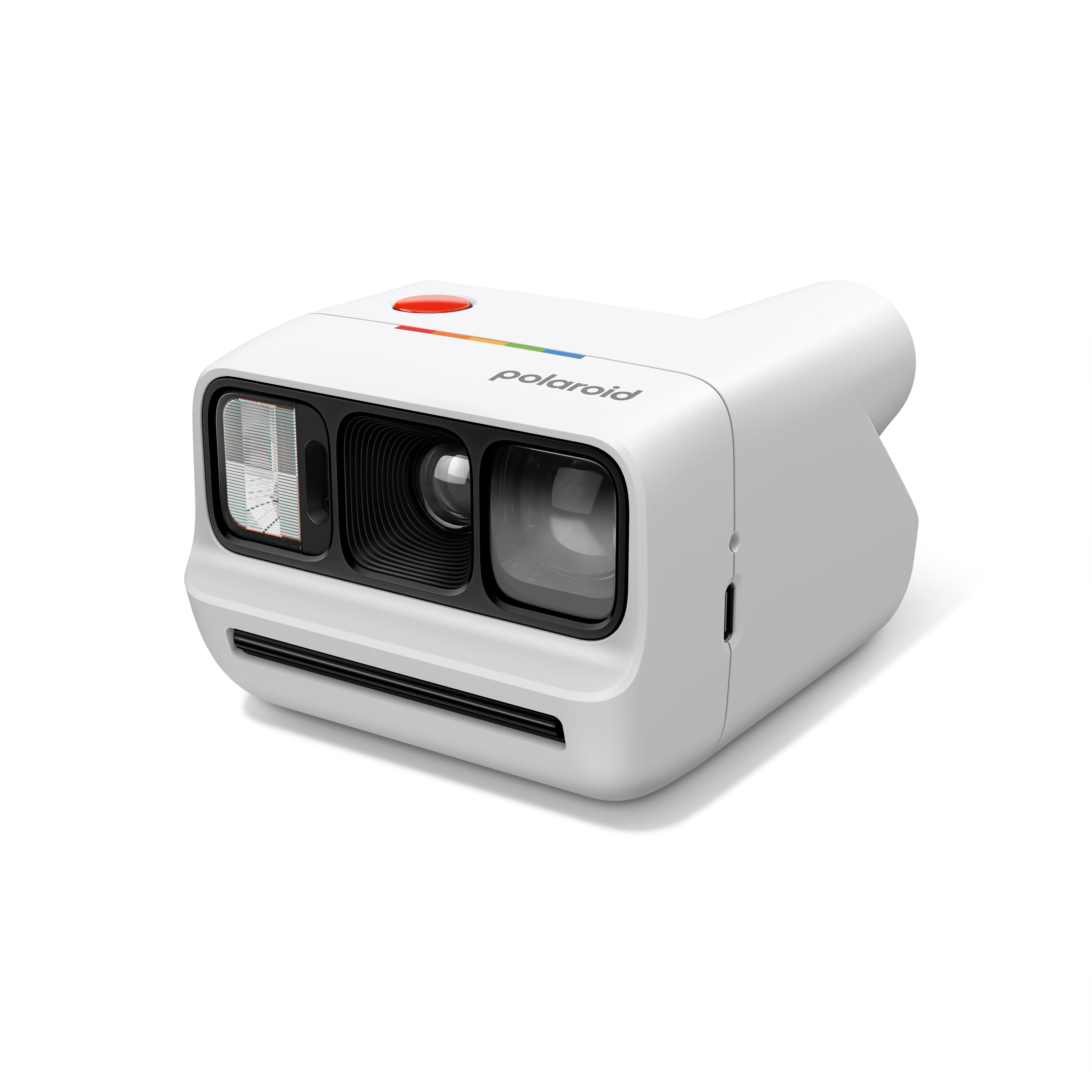 Polaroid Go Generation 3 in Weiß in schräger rechter Vorderansicht mit Objektiv und Blitz