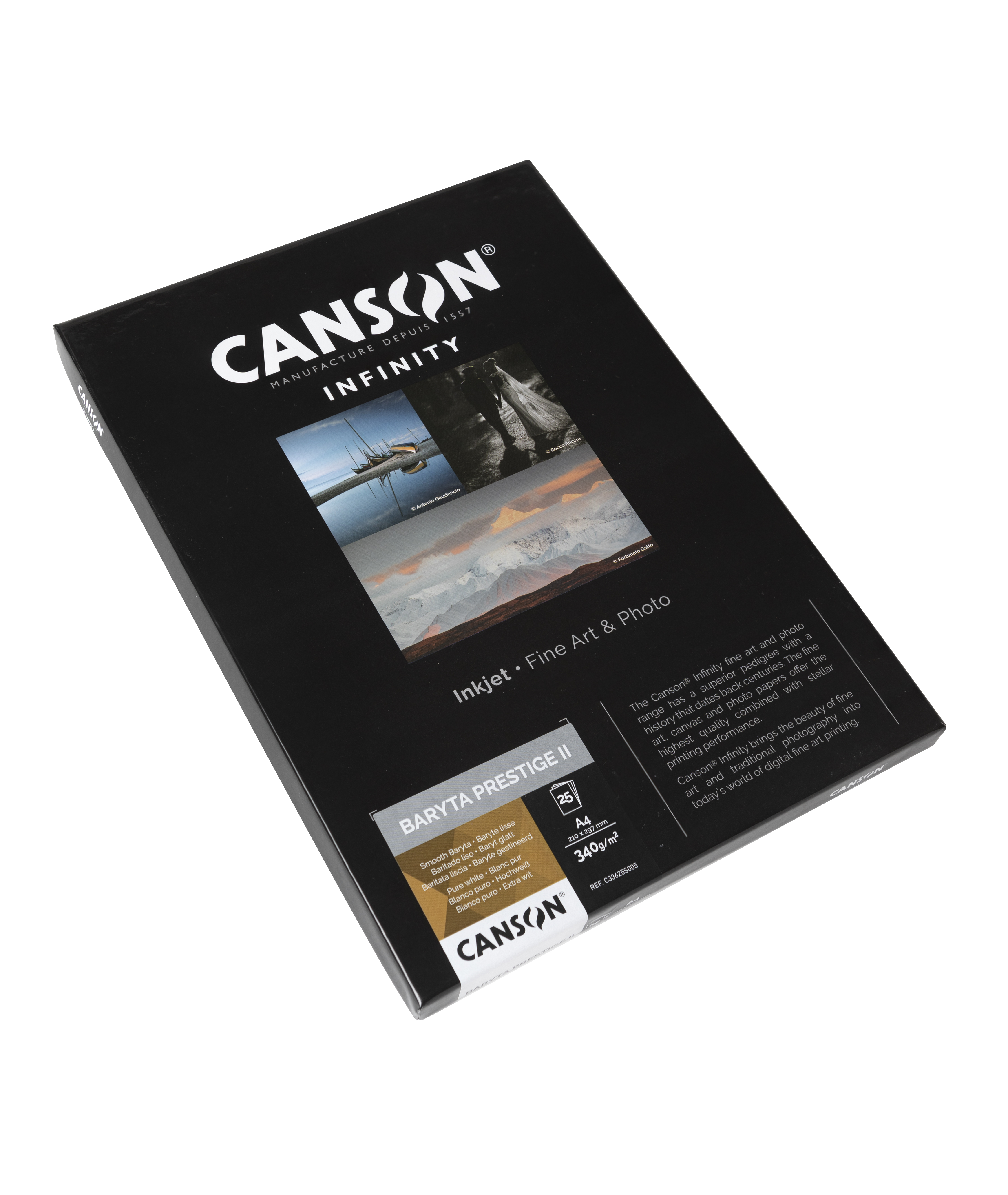 Canson Baryta Prestige II Gloss 340 g A4 mit 25 Blatt, Verpackung in schräger Ansicht für Inkjet Fine Art Drucke