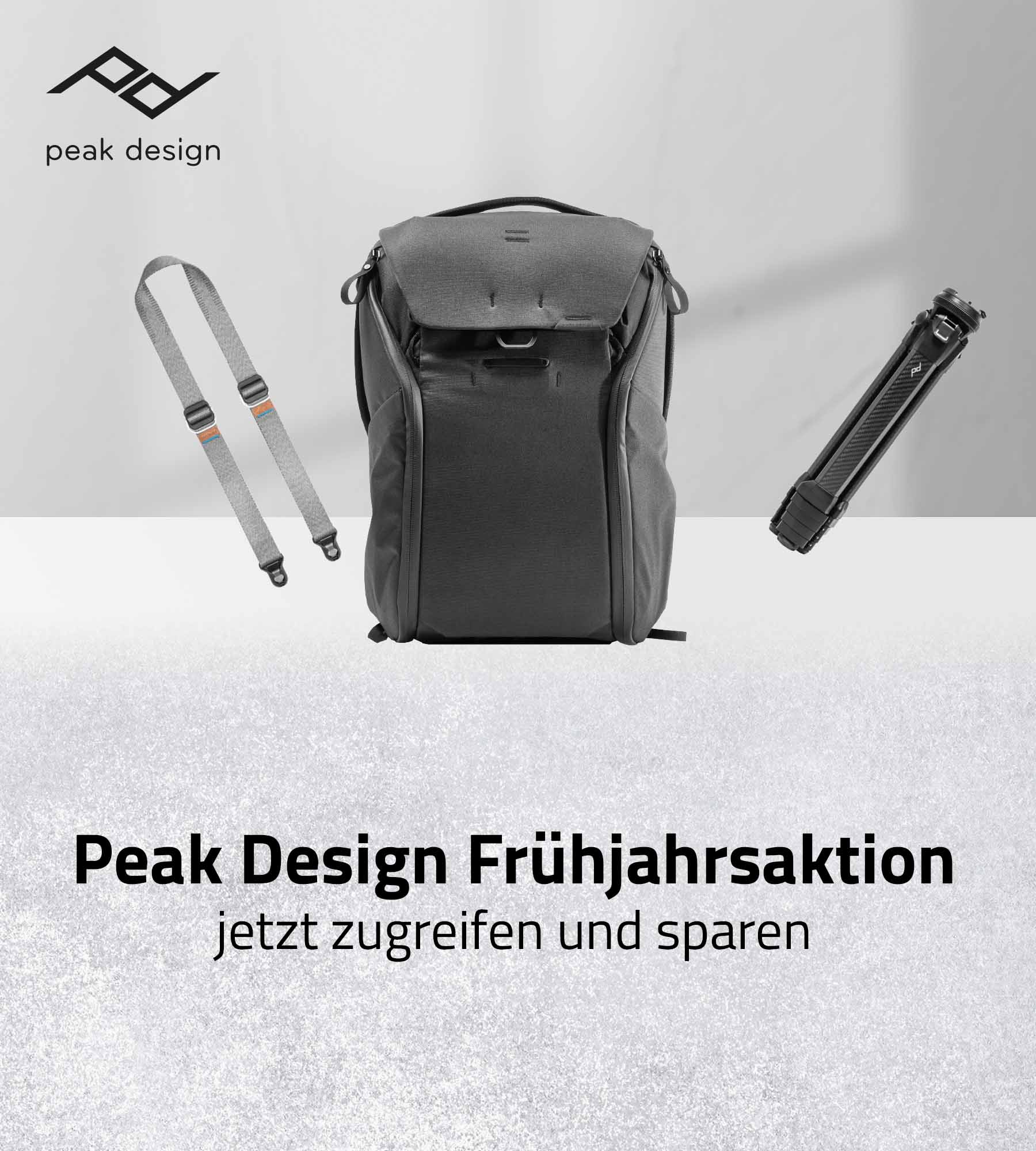 Peak Design Frühjahrsaktion 2026 – Banner mit Rucksack, Kameragurt und Stativ auf hellem Hintergrund