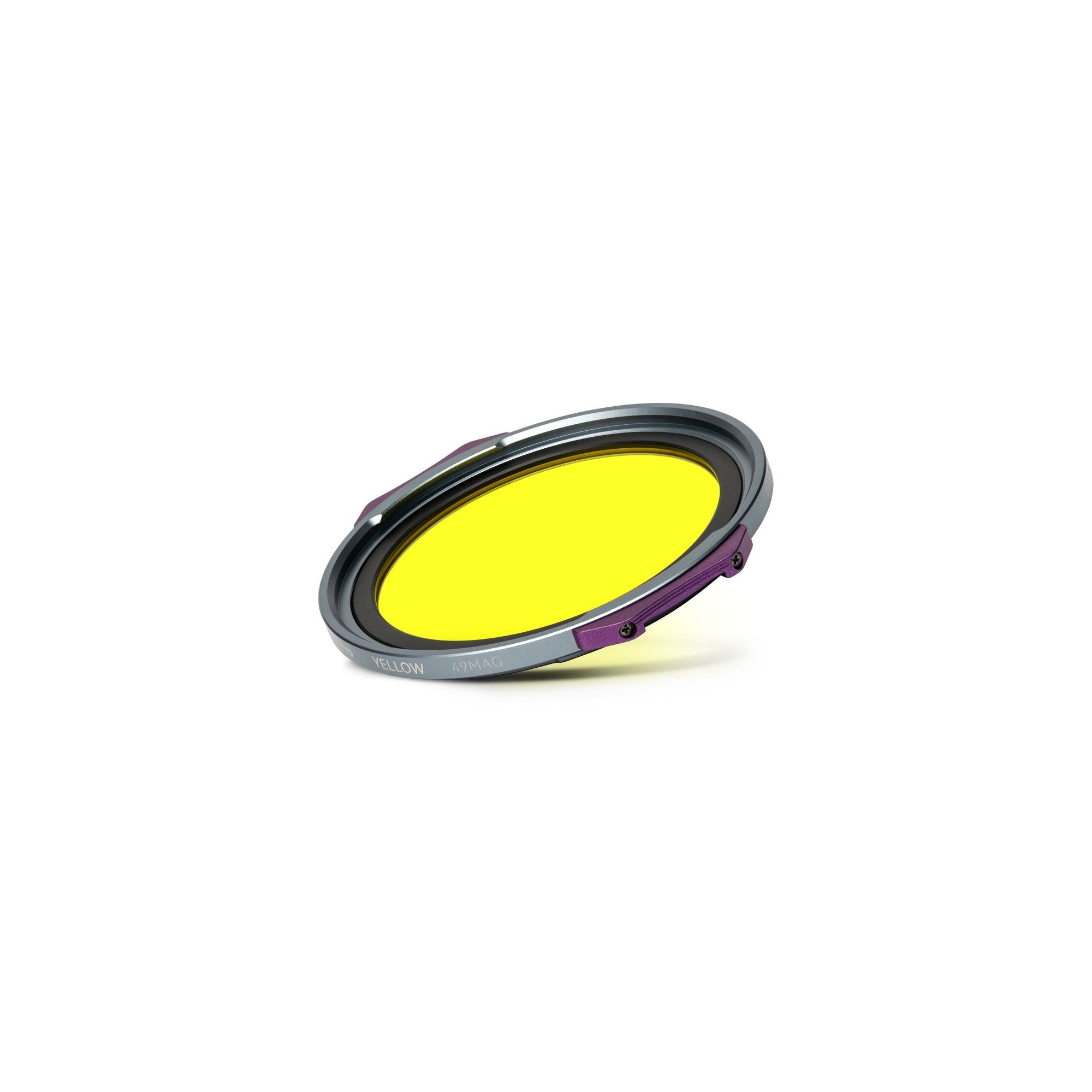 NiSi JetMag Pro Yellow 49MAG Filter in schräger Ansicht mit gelber Glasfläche und Magnetrahmen.