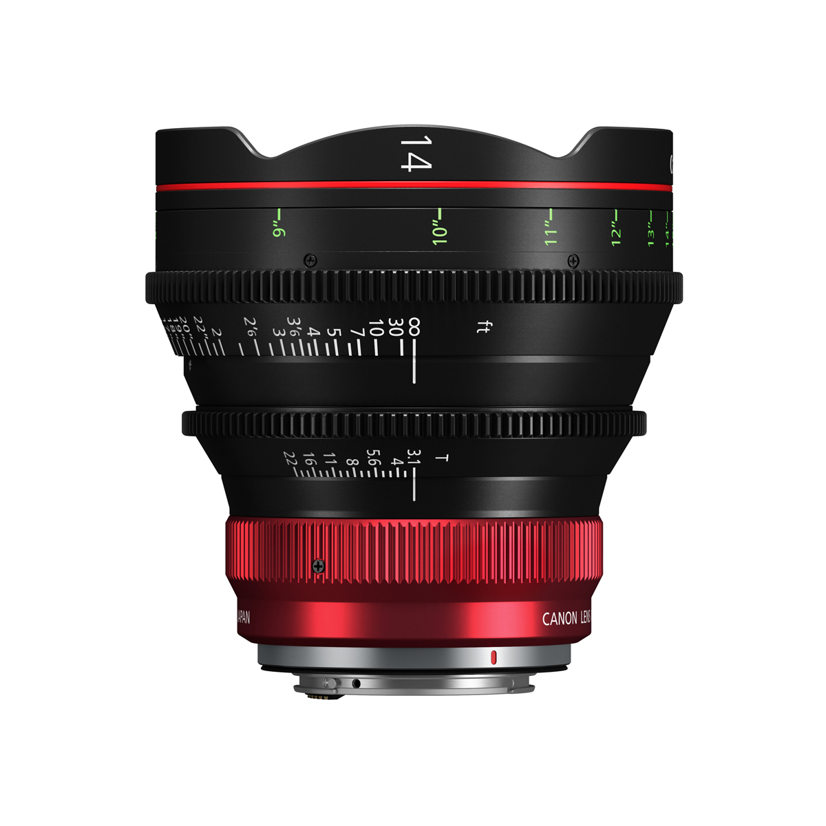 Canon CN-R 14mm T3.1 L F Cine-Objektiv in Seitenansicht mit Fokus- und Blendenring sowie RF-Mount