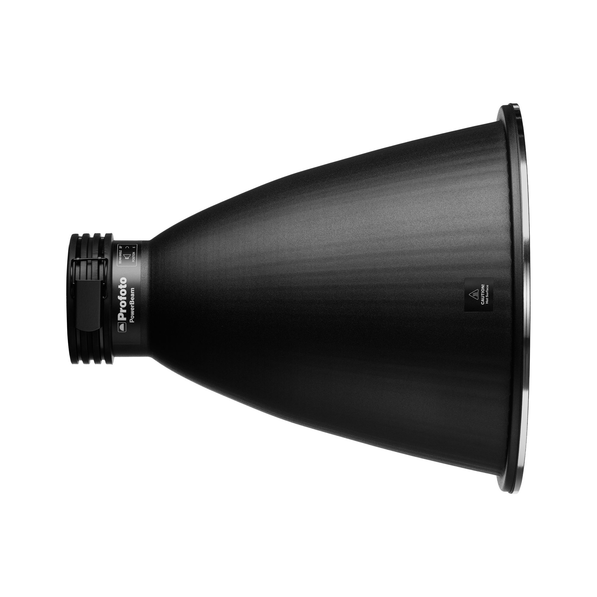 Profoto PowerBeam Reflektor in Seitenansicht mit tiefem konischem Design zur präzisen Lichtbündelung
