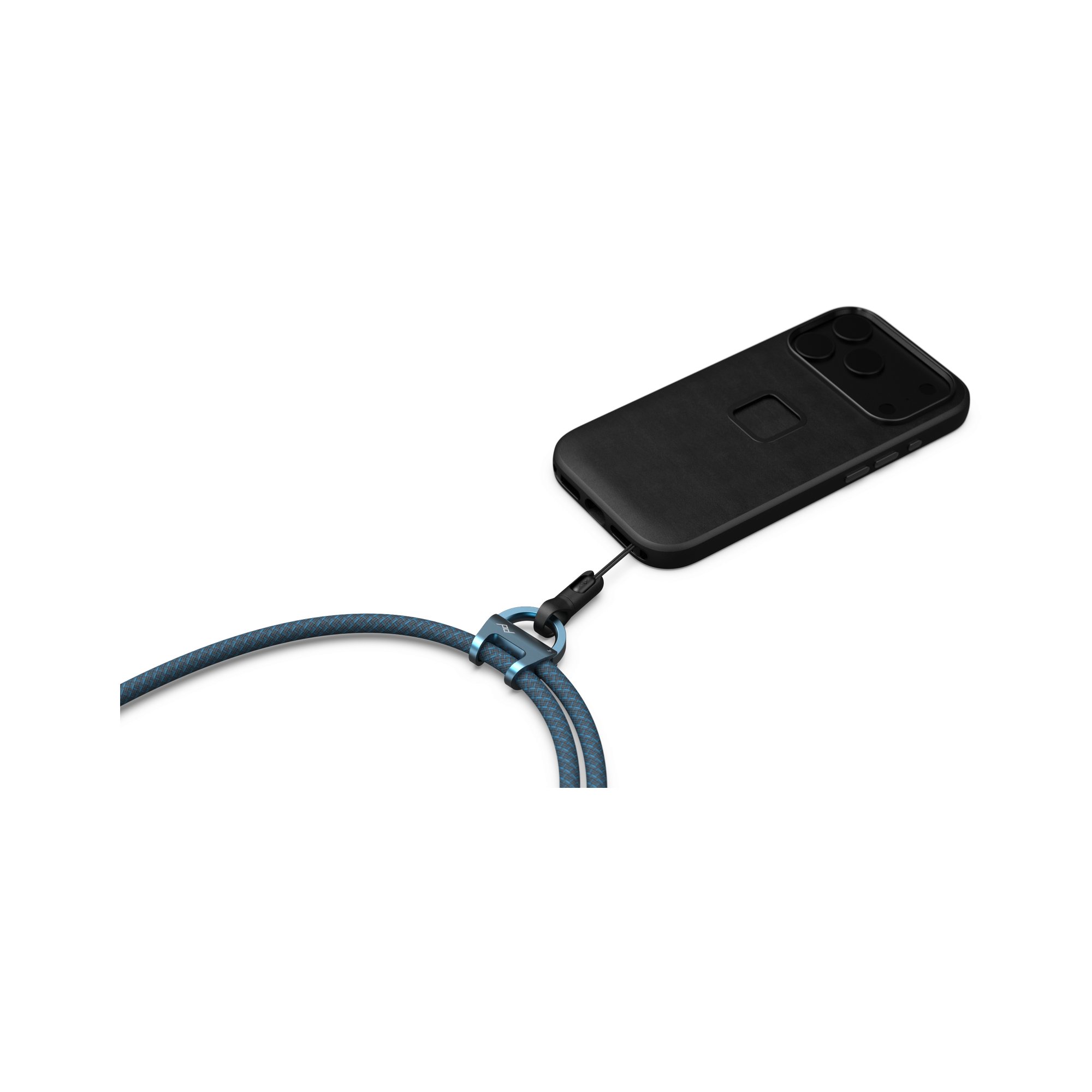 Detailansicht des Peak Design Mobile Crossbody Multi-Strap in Ocean mit befestigter Smartphone-Hülle.