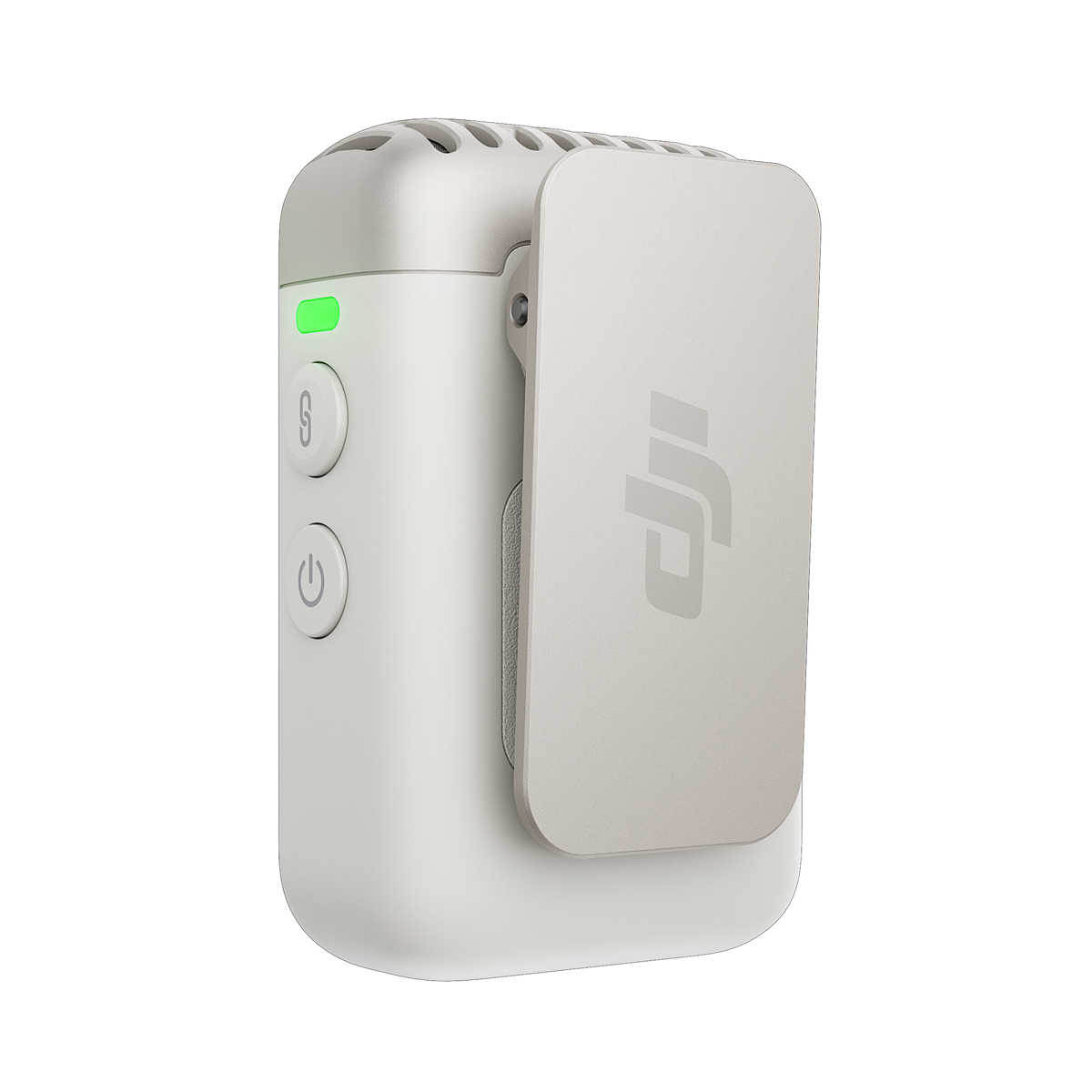 DJI Mic 2 Sender in Pearl White in schräger Ansicht mit montierter Cliphalterung und Bedienelementen